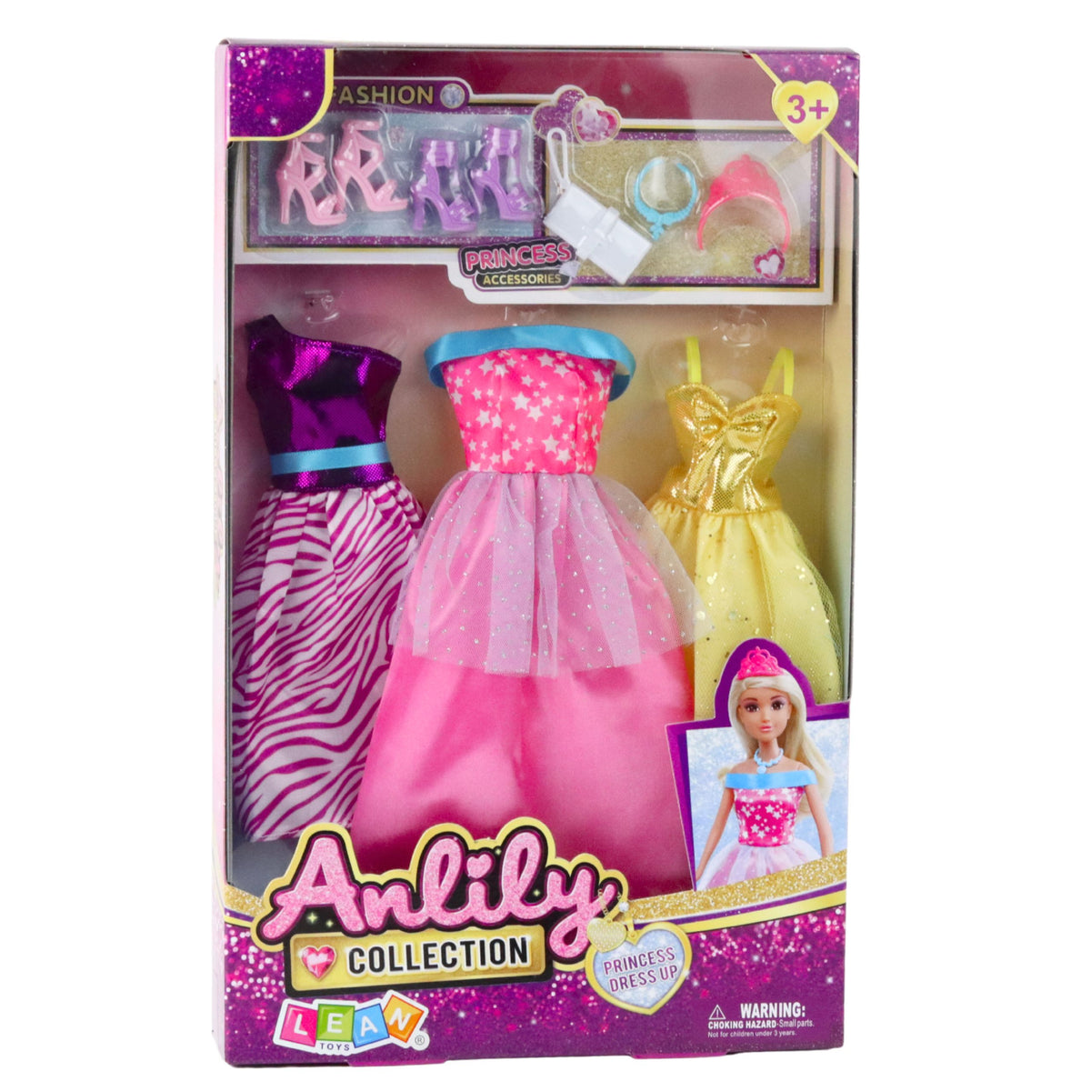 Anlily Doll Dress Set Shoes Handbag Crowns Accessories 8 Pcs.