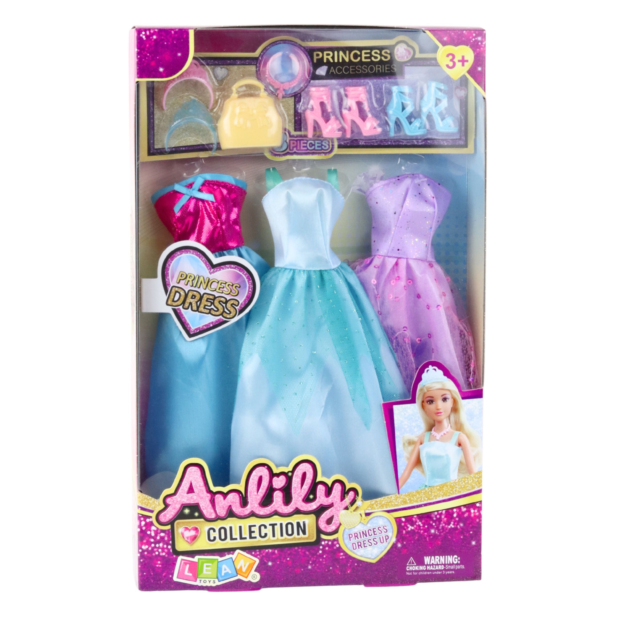 Anlily Doll Dress Set Shoes Handbag Crowns Accessories 9 Pcs.