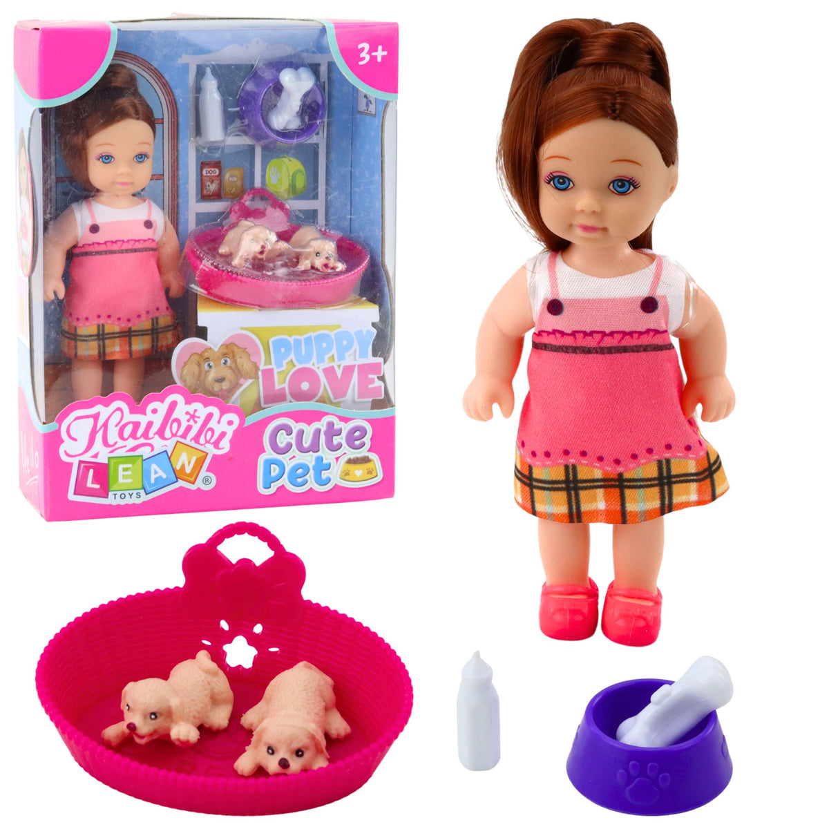 Mini Doll Set With Two Puppies Bed Bowl Bottle