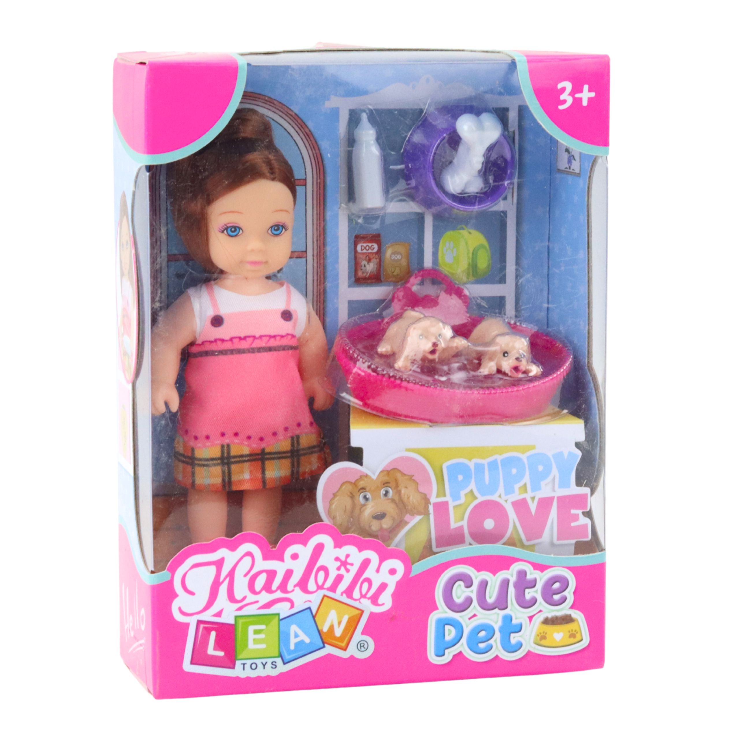 Mini Doll Set With Two Puppies Bed Bowl Bottle