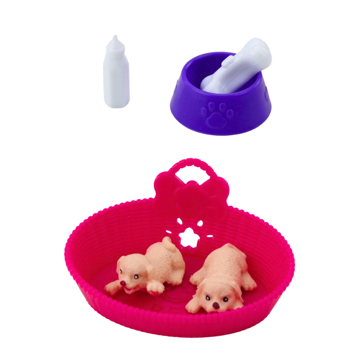 Mini Doll Set With Two Puppies Bed Bowl Bottle