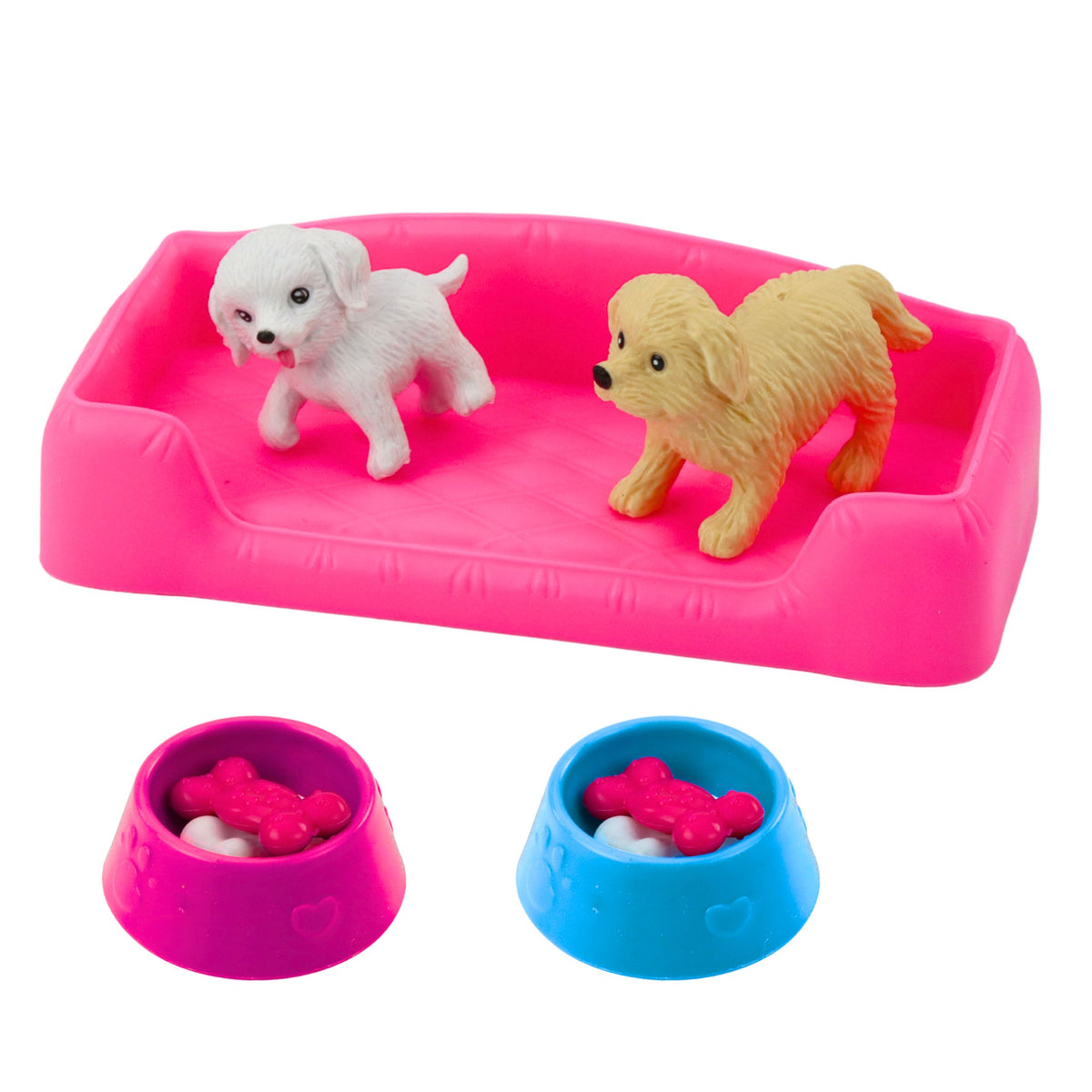 Mini Doll Set With Two Dogs Bed Food Bowl