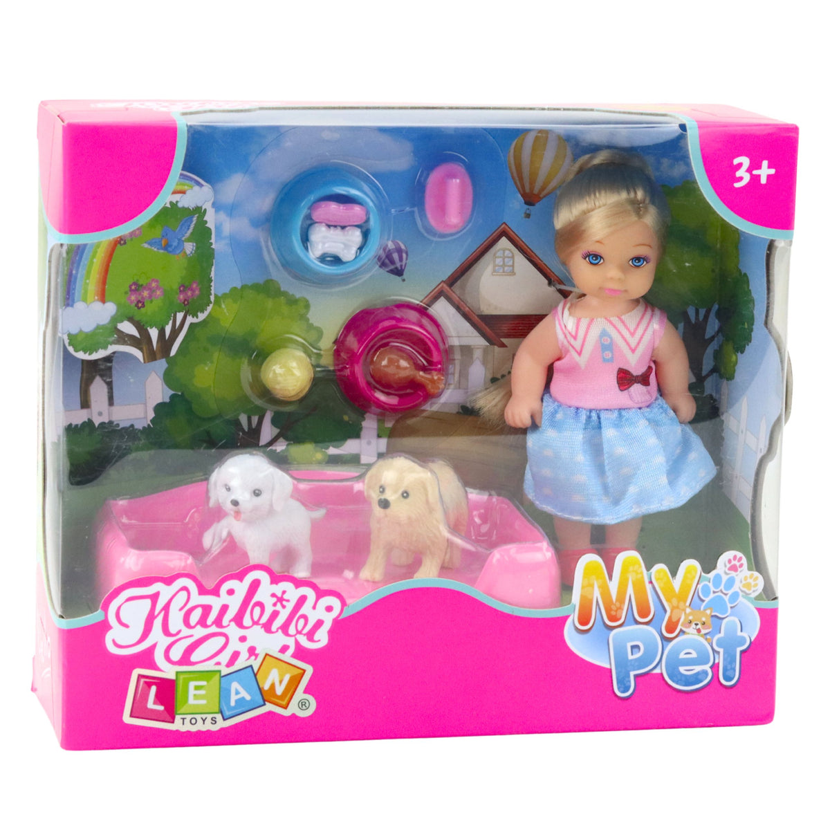 Mini Doll Set With Two Dogs Bed Food Bowl