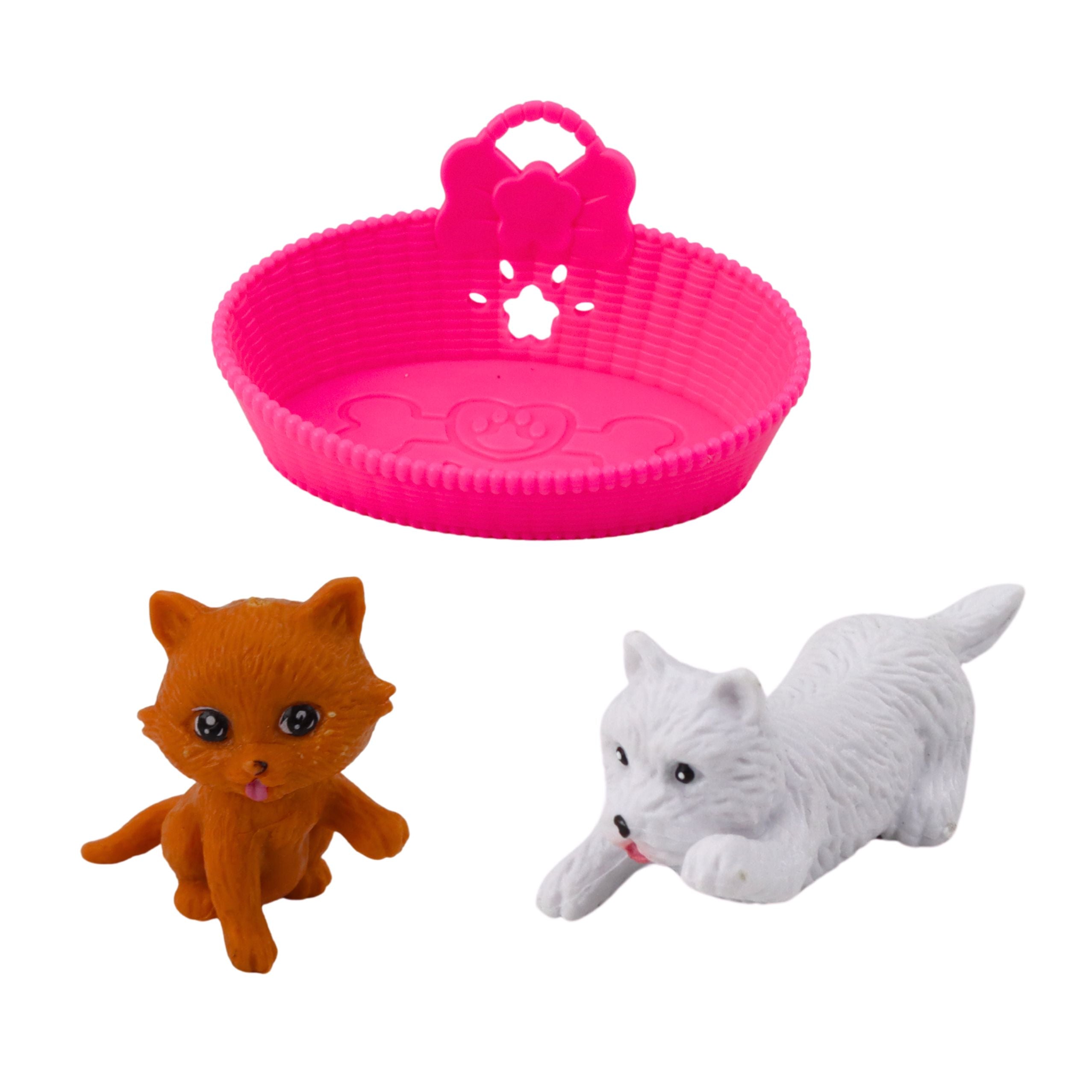 Mini Doll Set With Dog And Kitten Bed And Food Bowl