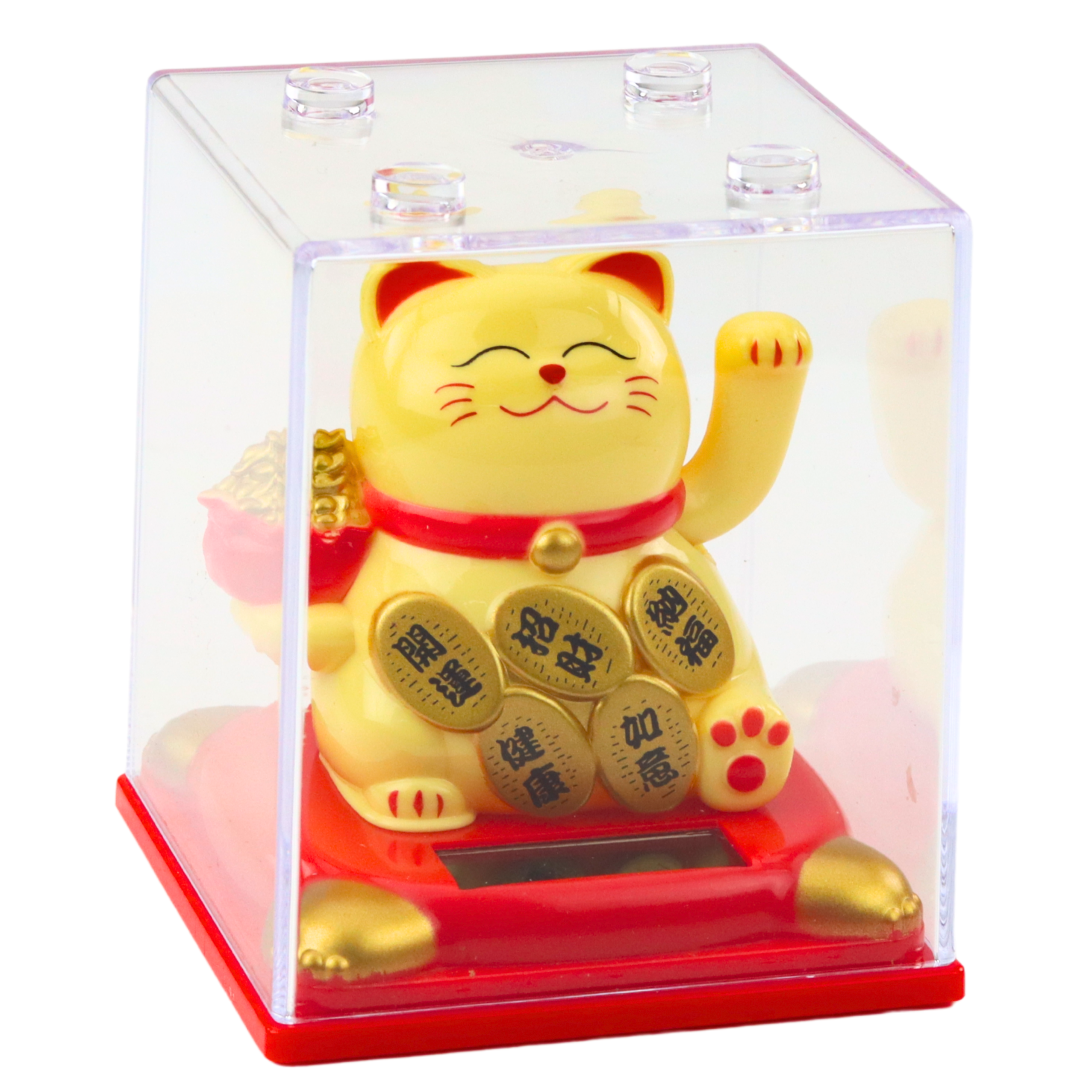 Gato de la suerte chino en vitrina, figura solar, adorno, color beige