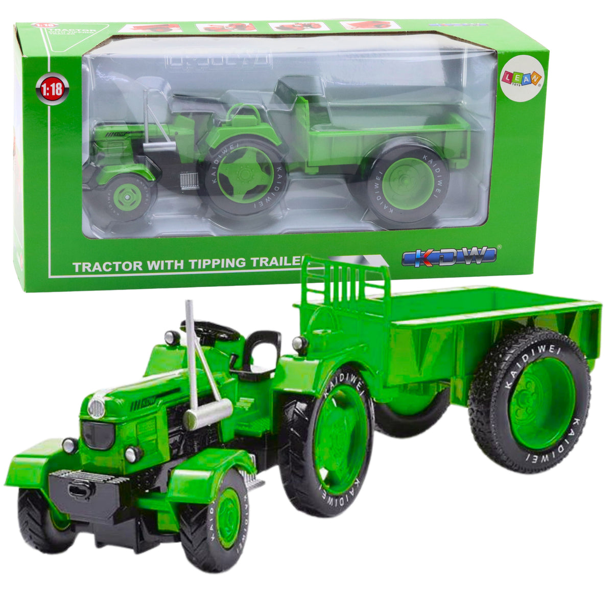 Fém mezőgazdasági traktor pótkocsival zöld 1:18
