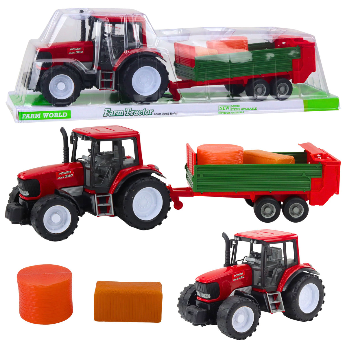 Mezőgazdasági traktor Zöld Utánfutóval és Hay Red 62cm