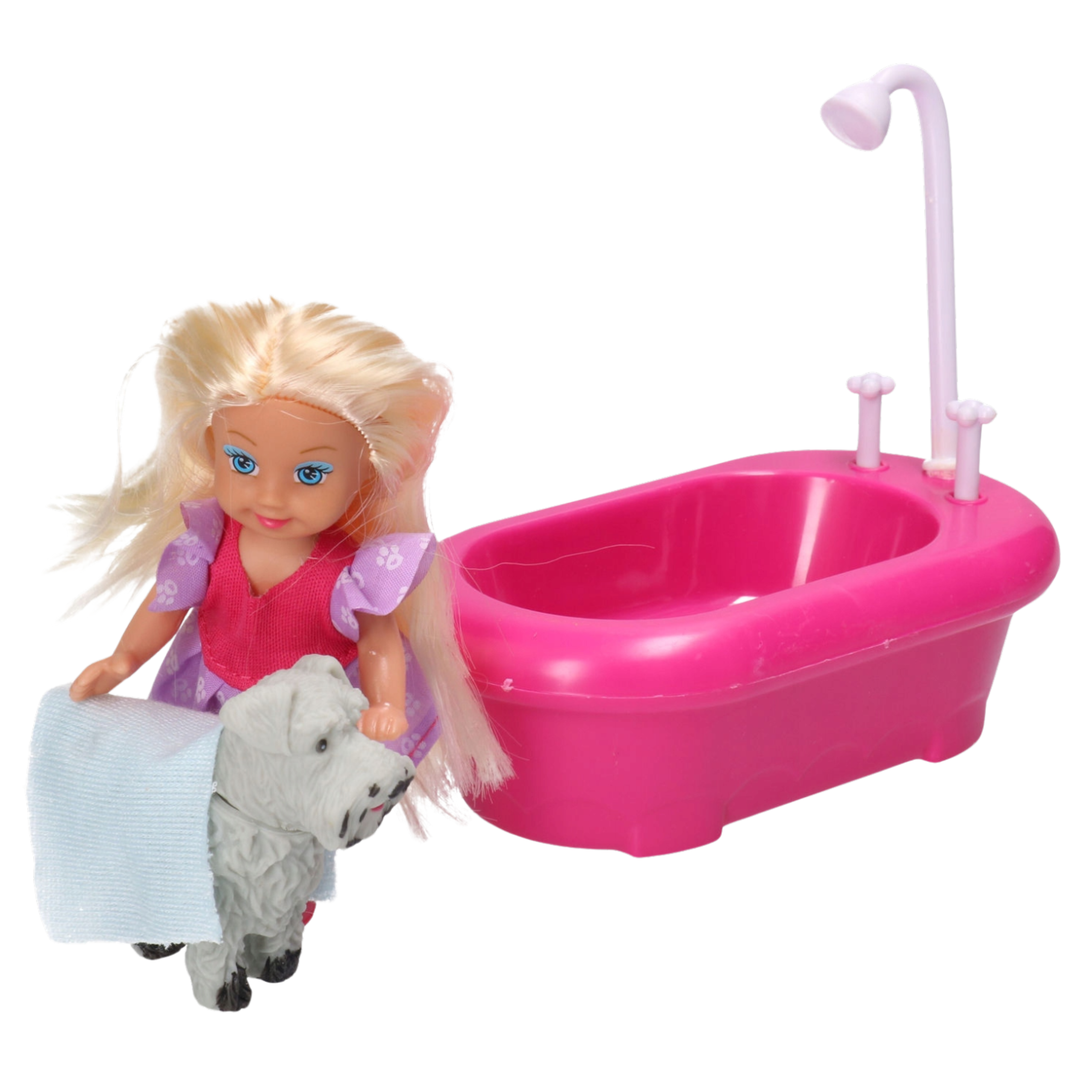Mini Doll Set With Bathtub And White Dog Pink