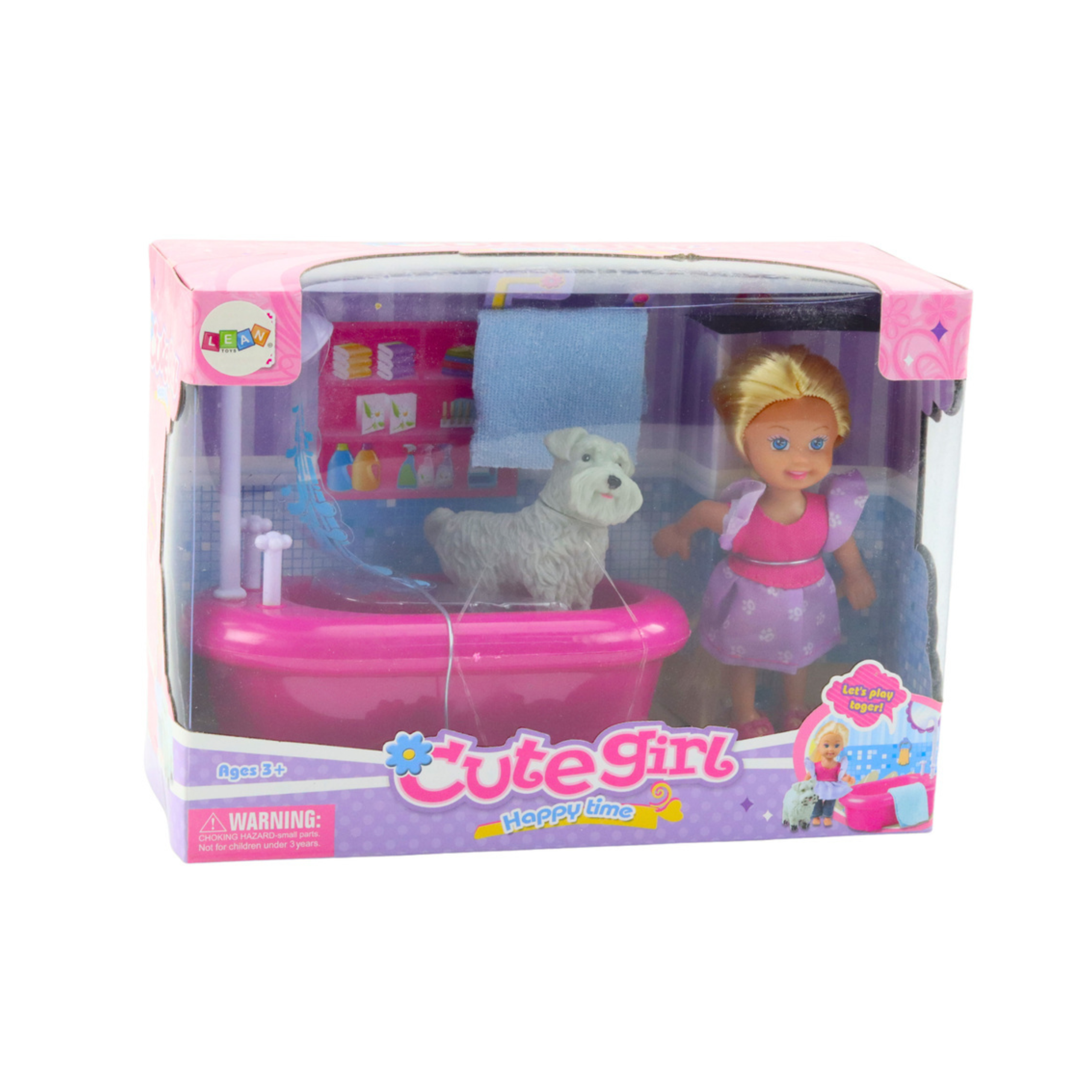 Mini Doll Set With Bathtub And White Dog Pink