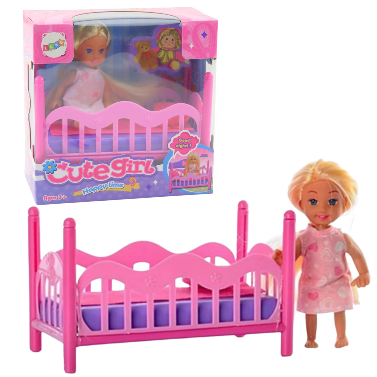 Mini Doll In Pajamas Set Pink Bed