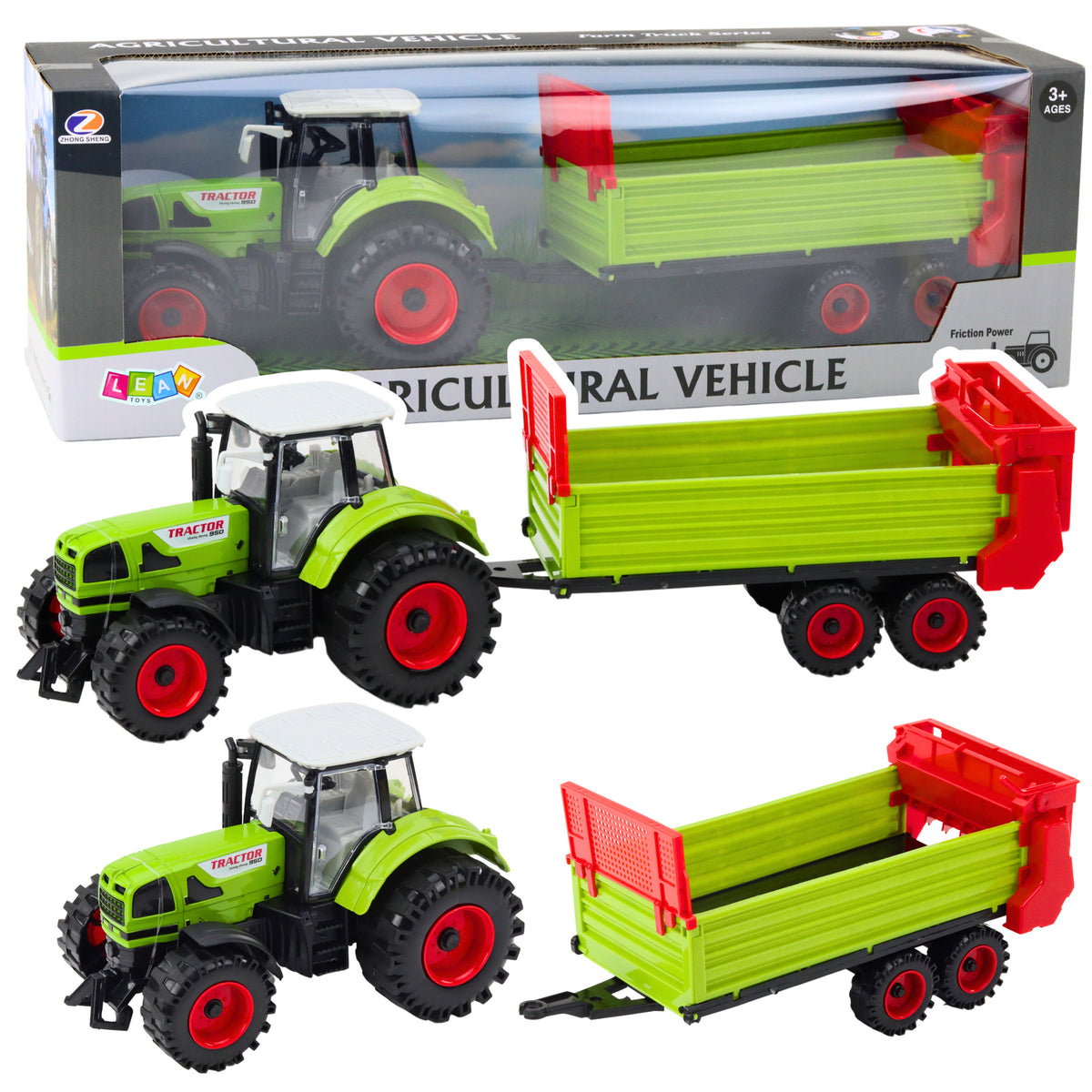 Tractor With Trailer Friction Drive Opening Hood Doors Green