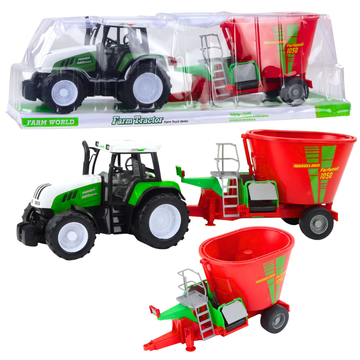 Green Agricultural Tractor With Trailer And Feed Mixer 50cm