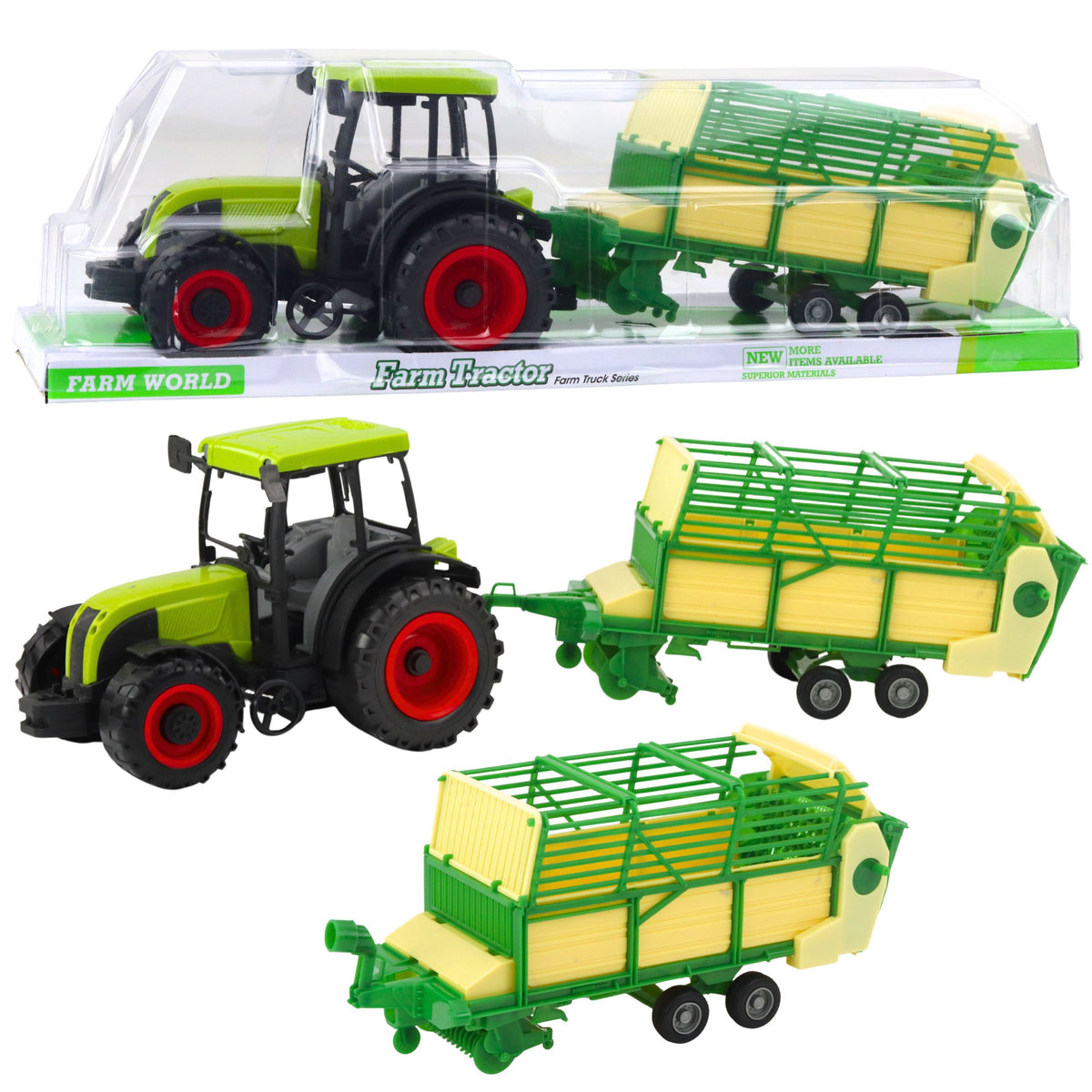 Mezőgazdasági traktor zöld és sárga pótkocsival, zöld 50 cm