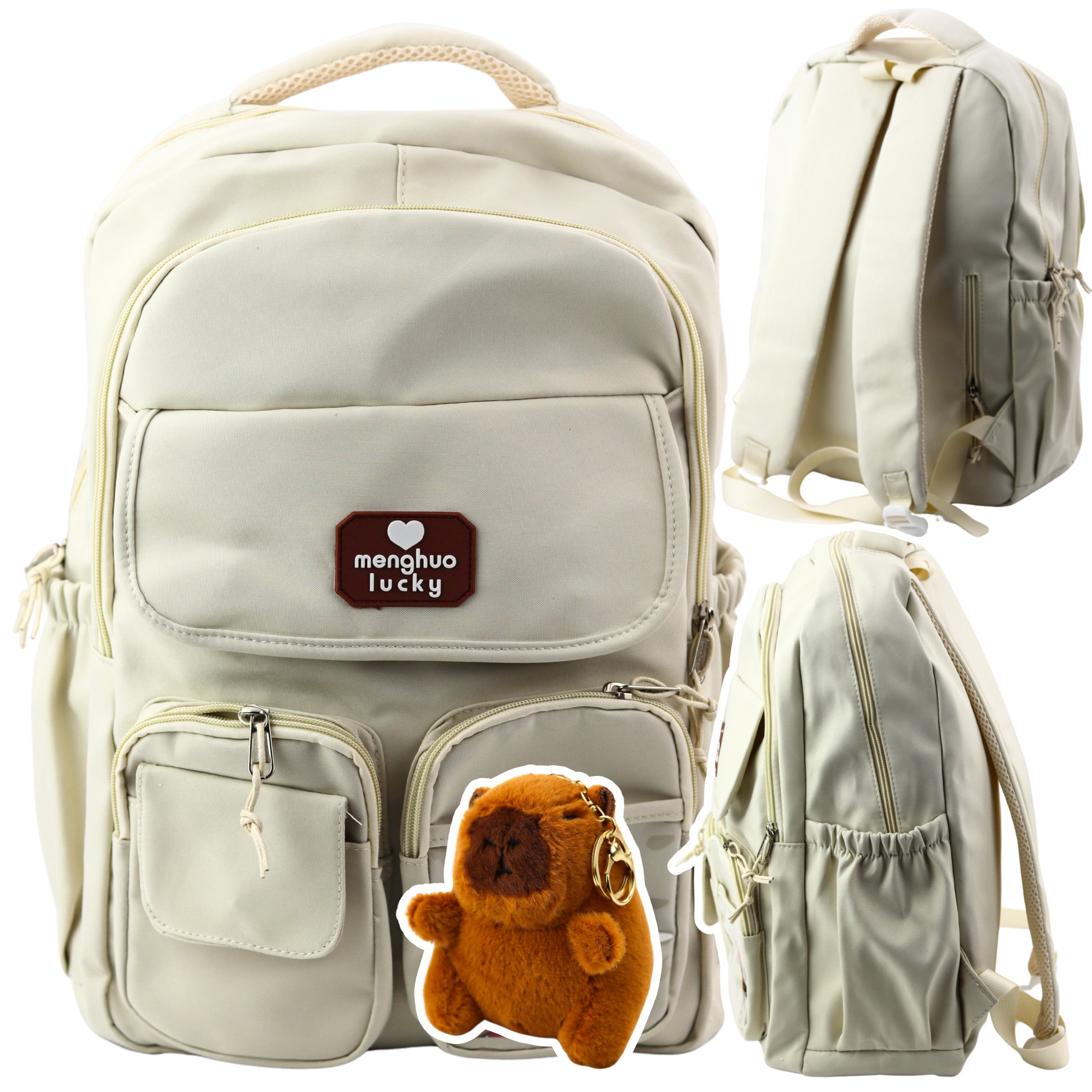 Urban School Backpack Capybara Keychain Badges Beige Cream 25l 42cm