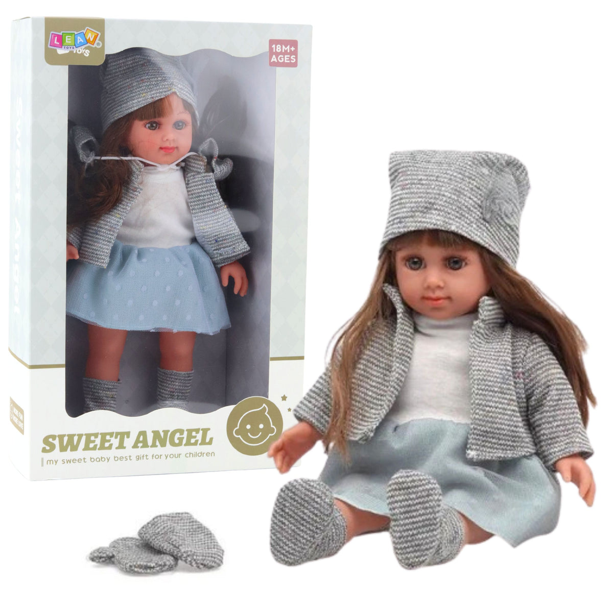 Doll In A Blue Dress Hat Sweater Gloves 36.5 Cm
