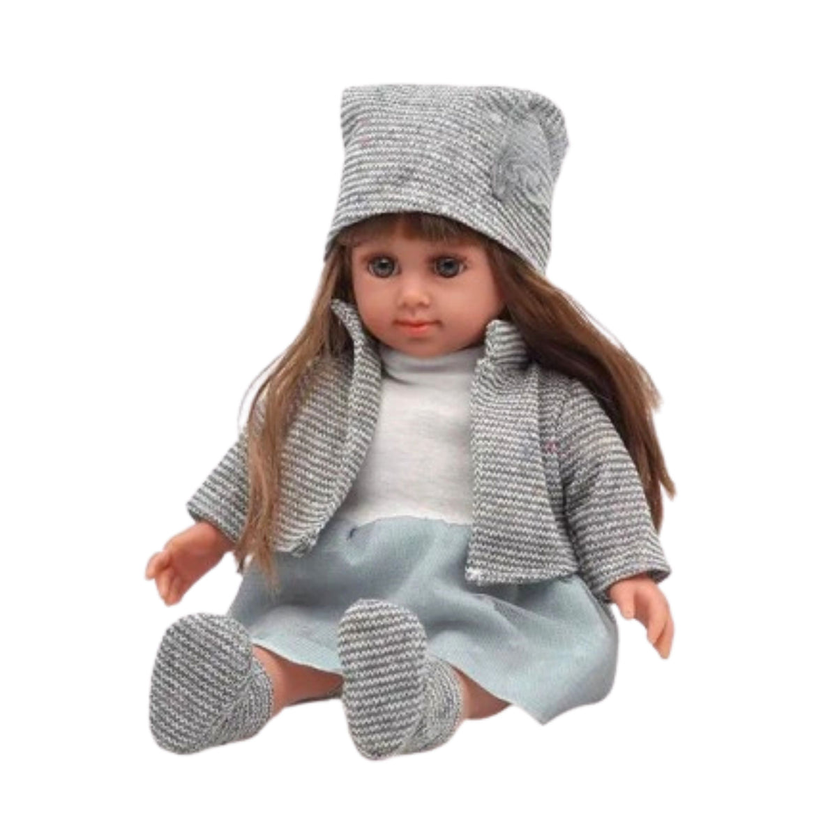Doll In A Blue Dress Hat Sweater Gloves 36.5 Cm