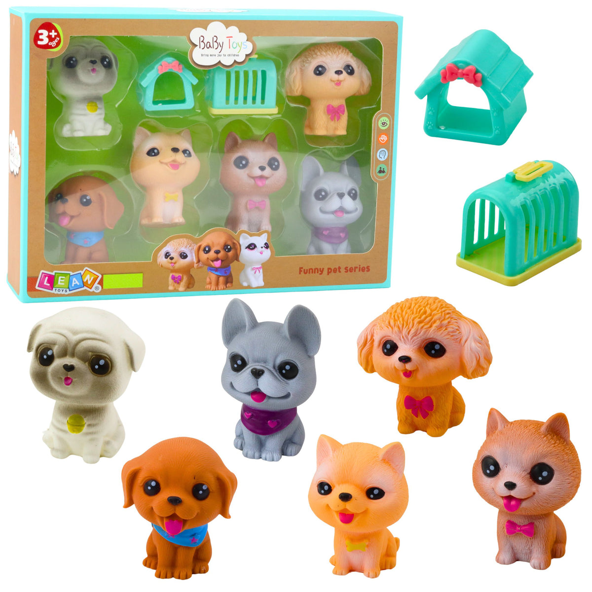 Set Of Figures Rubber Dogs Squeaker Kennel Transporter 6pcs