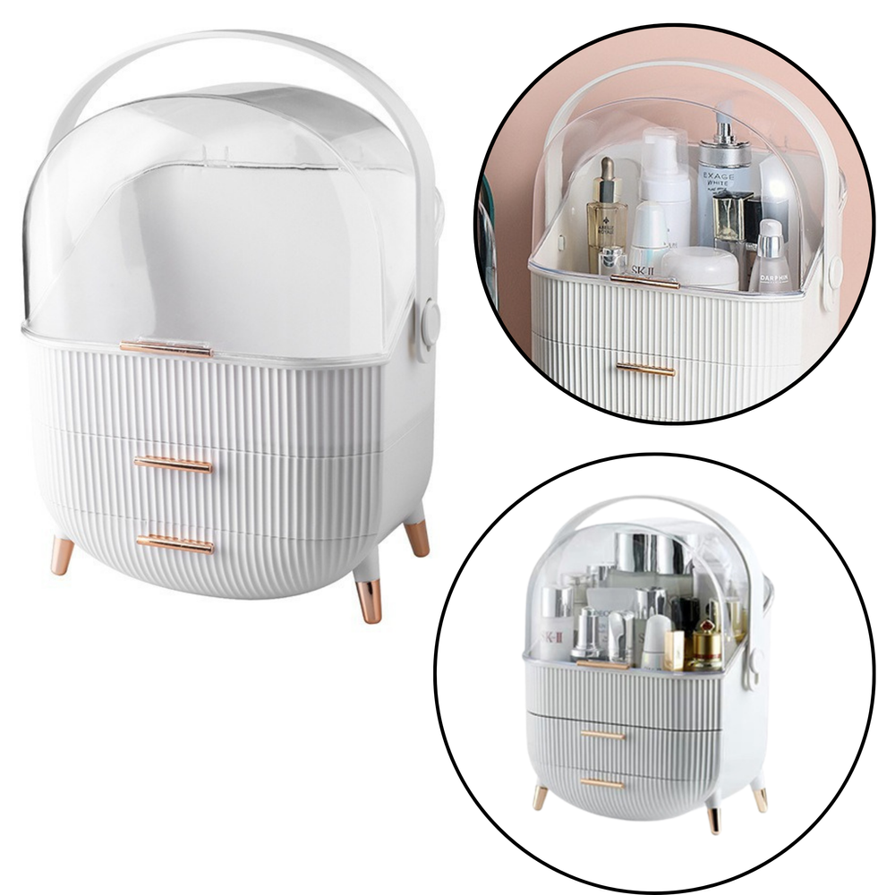Cosmetics Organizer Opening Lid Transparent Two Drawers White