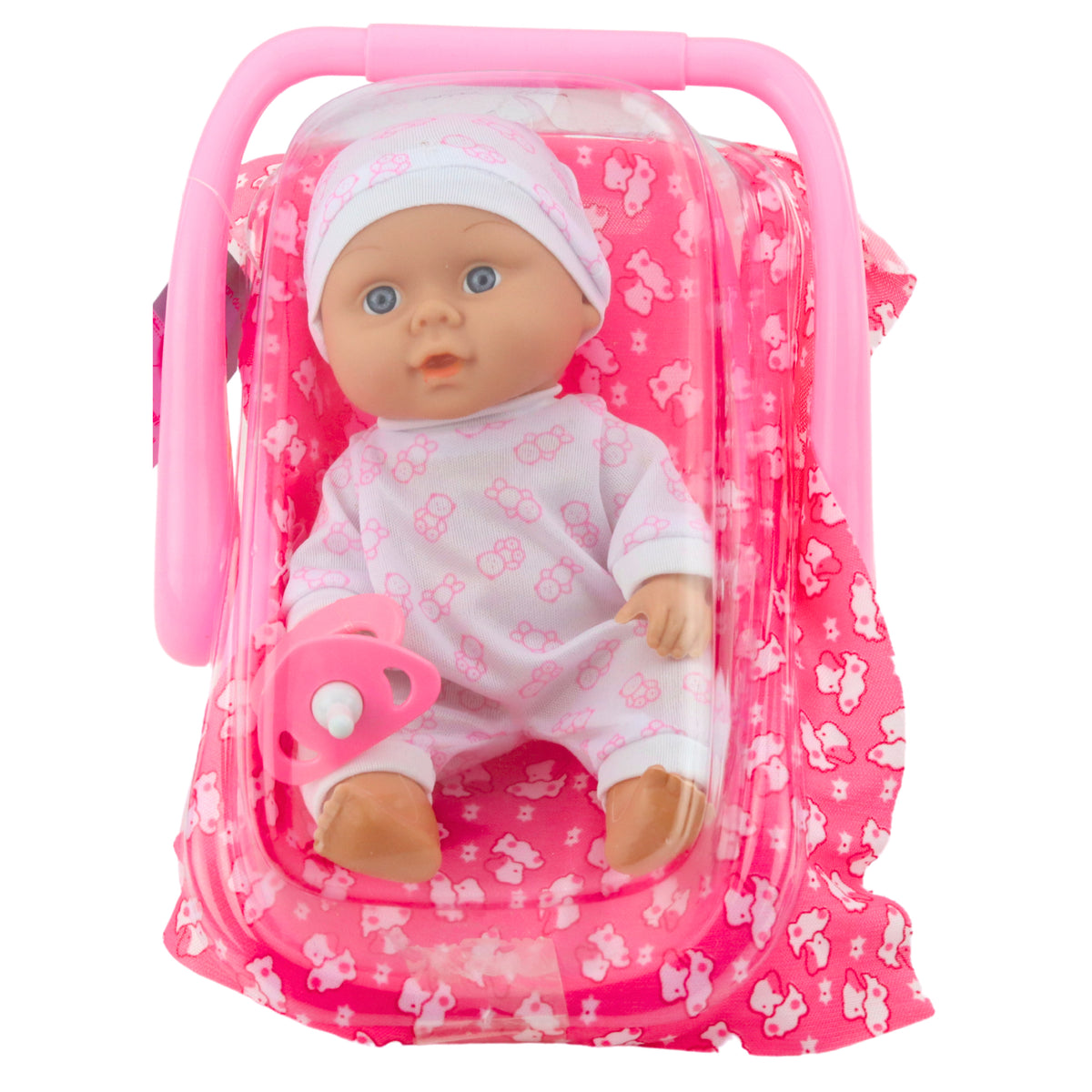 Baby Doll In Carrier Pajamas Cap Pacifier Pink