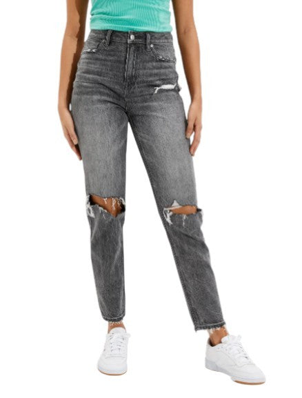 American Eagle Outfitters Mom Mulheres Jeans cinza escuro rasgado tornozelo