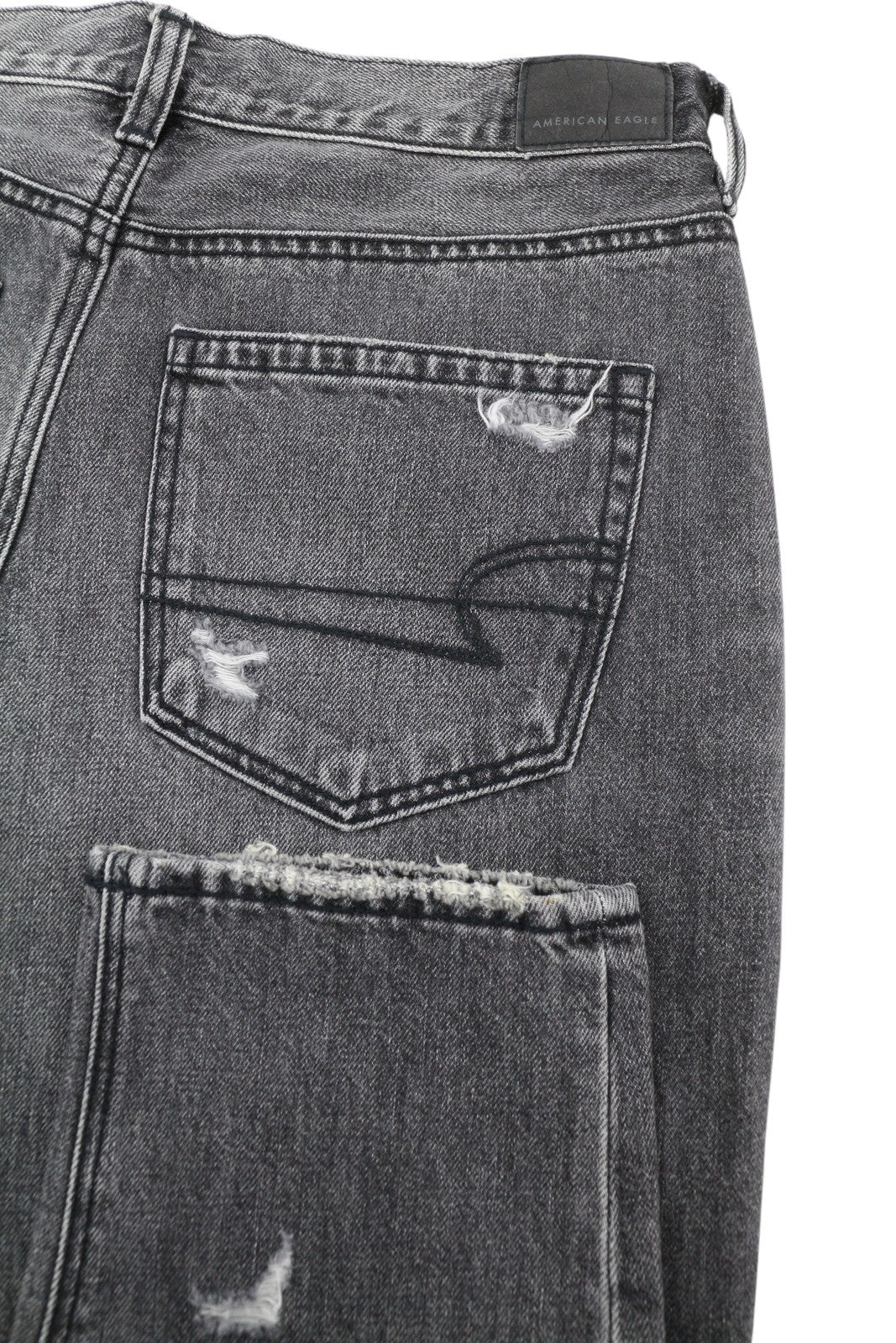 American Eagle Outfitters Mom Mulheres Jeans cinza escuro rasgado tornozelo
