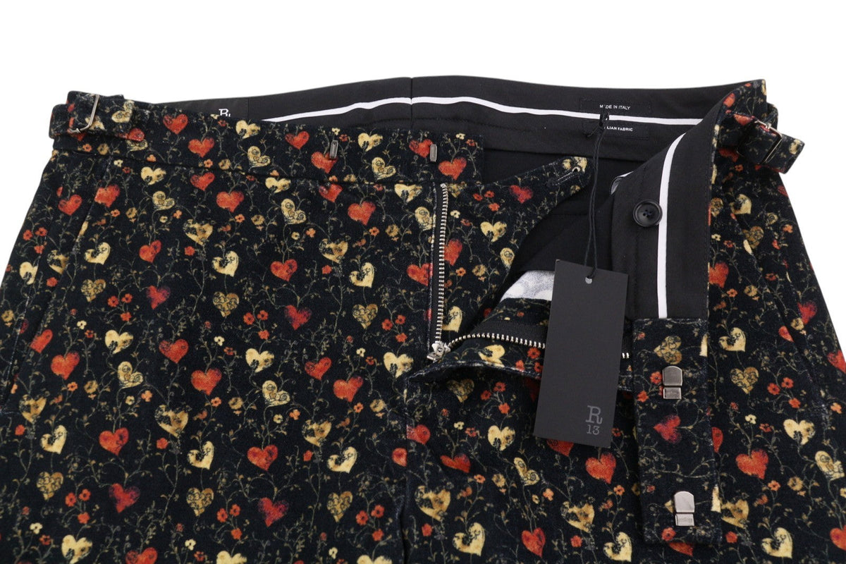 R13 Boy Flare Tuxedo Damesbroek 29 Veelkleurige harten op zwarte zachte Ps26