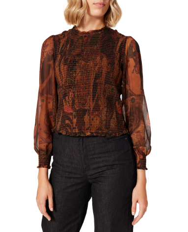 Desigual Blus Hisopo Women Blůza hnědý voštinový potištěný nařasený límec