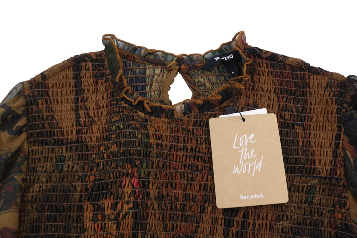 Desigual Blus Hisopo Women Blůza hnědý voštinový potištěný nařasený límec