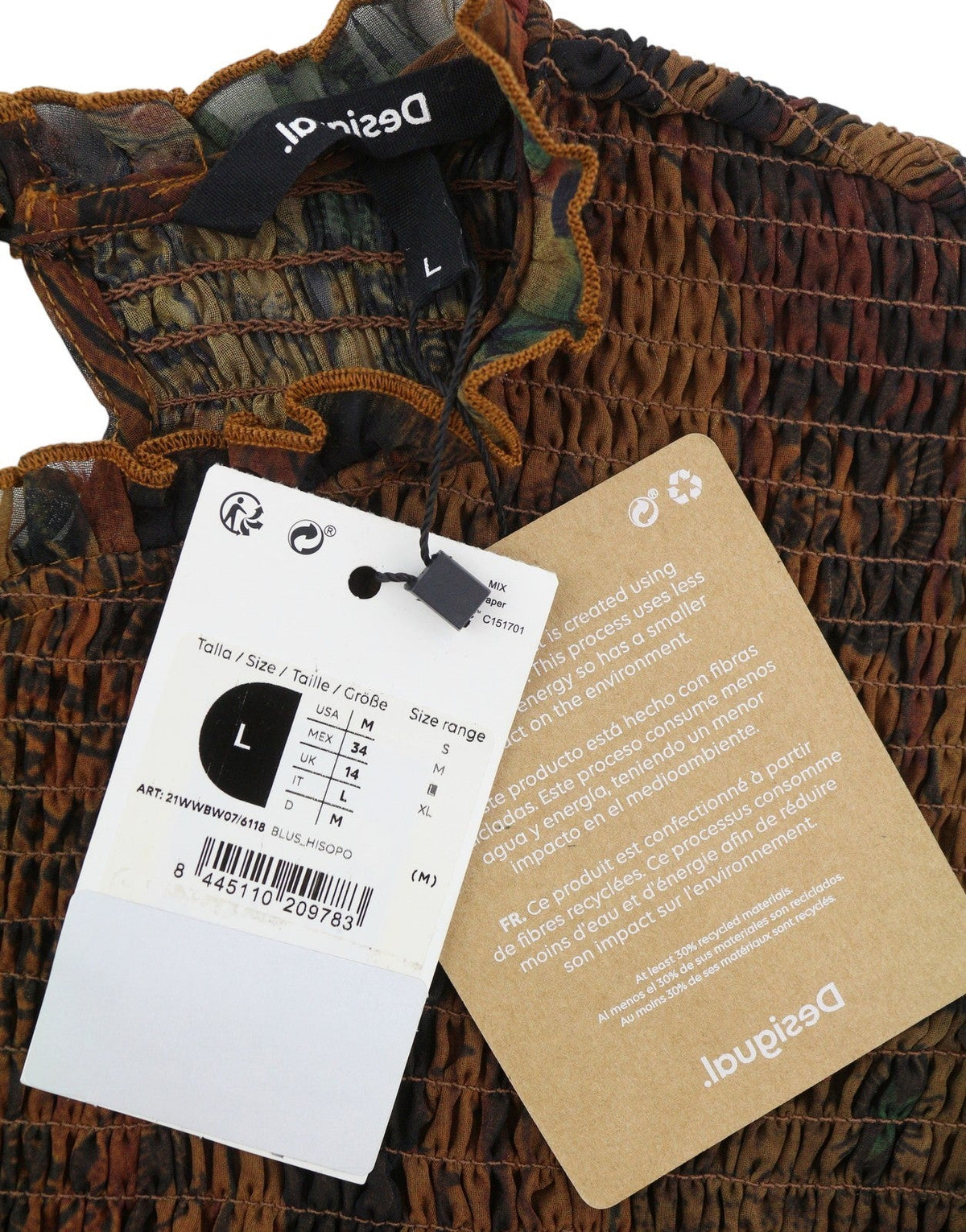 Desigual Blus Hisopo Women Blůza hnědý voštinový potištěný nařasený límec