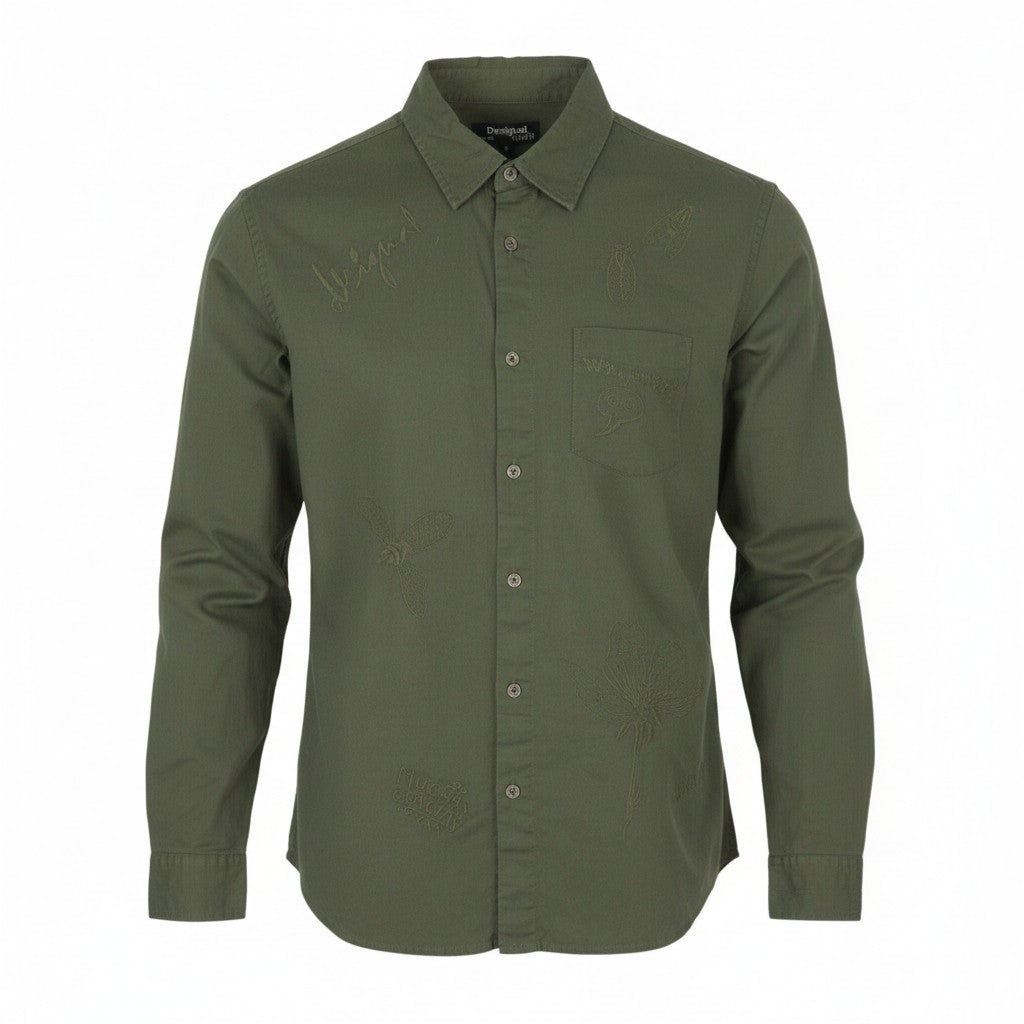 Camisa Desigual Cam Marcos Hombre Caqui Verde Bordado Con Botones Casual