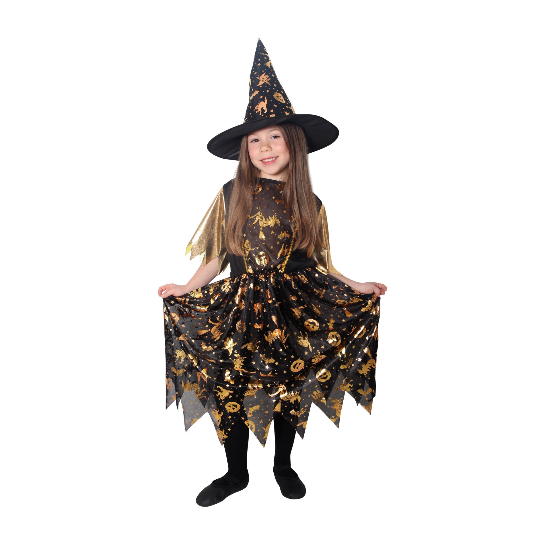 Kids' Witch Costume Black And Gold With Hat (m)
