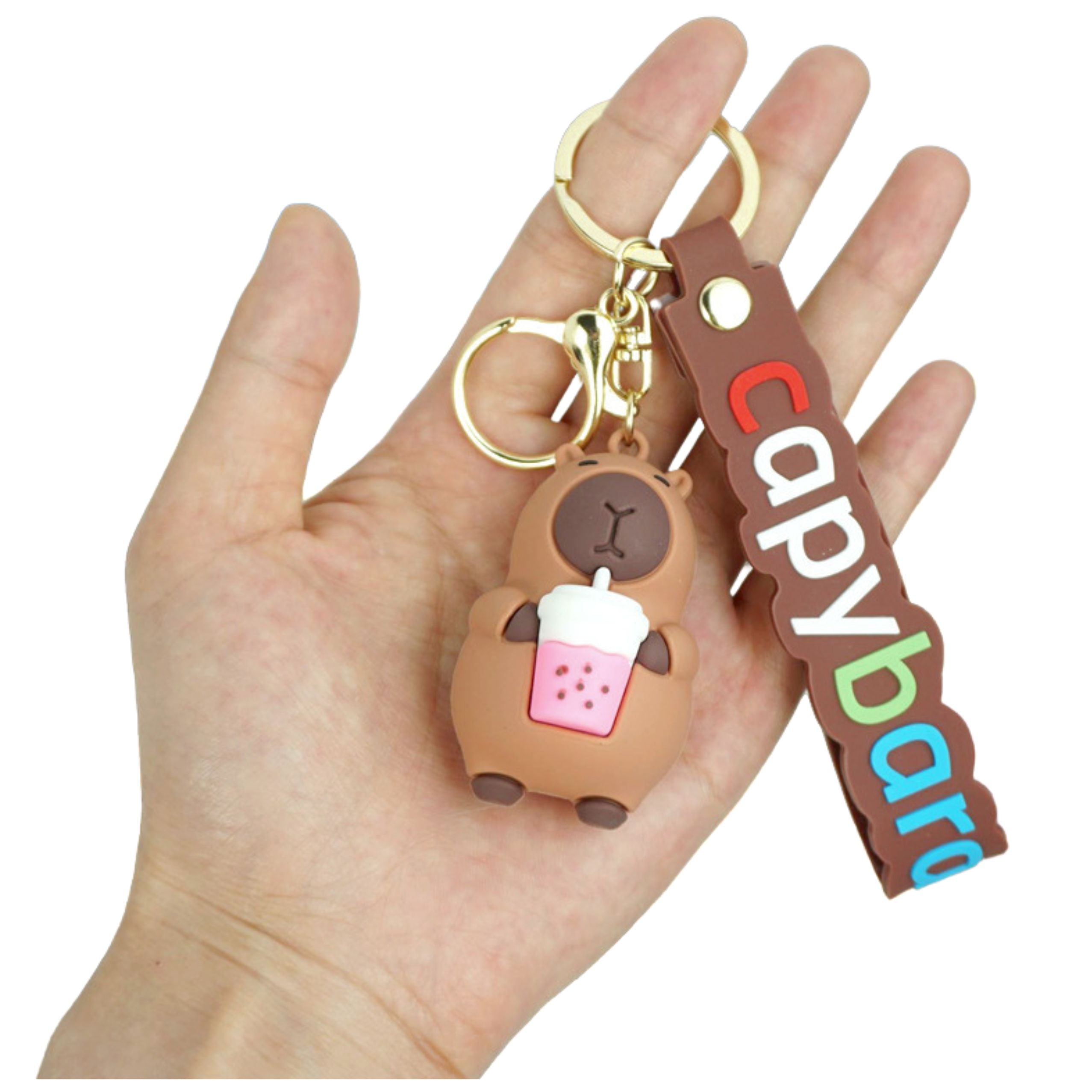 Keychain Capybara Figurine With Cup Pendant Carabiner Ring