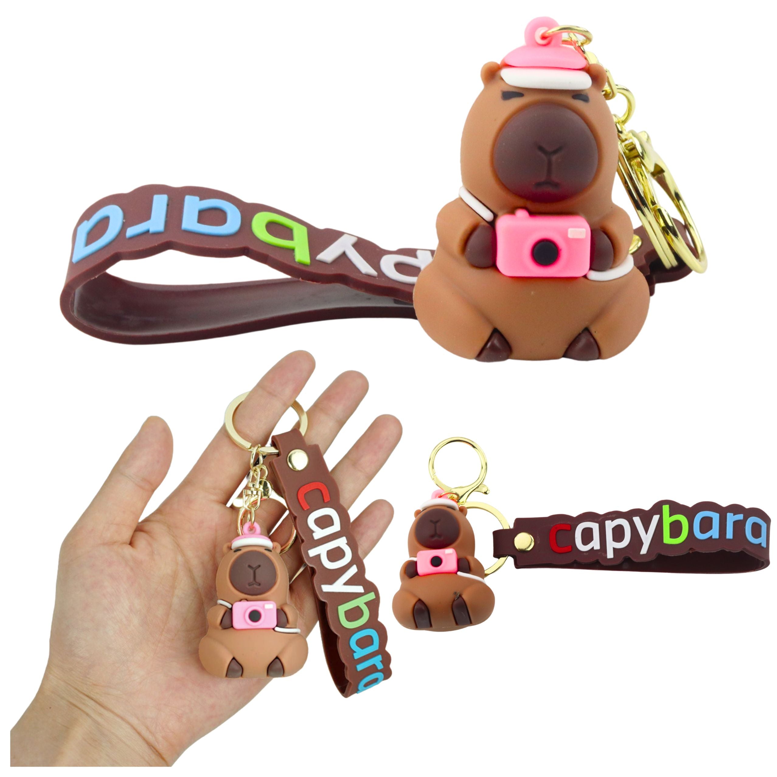 Keychain Capybara Figurine With Camera And Hat Pendant Carabiner Ring