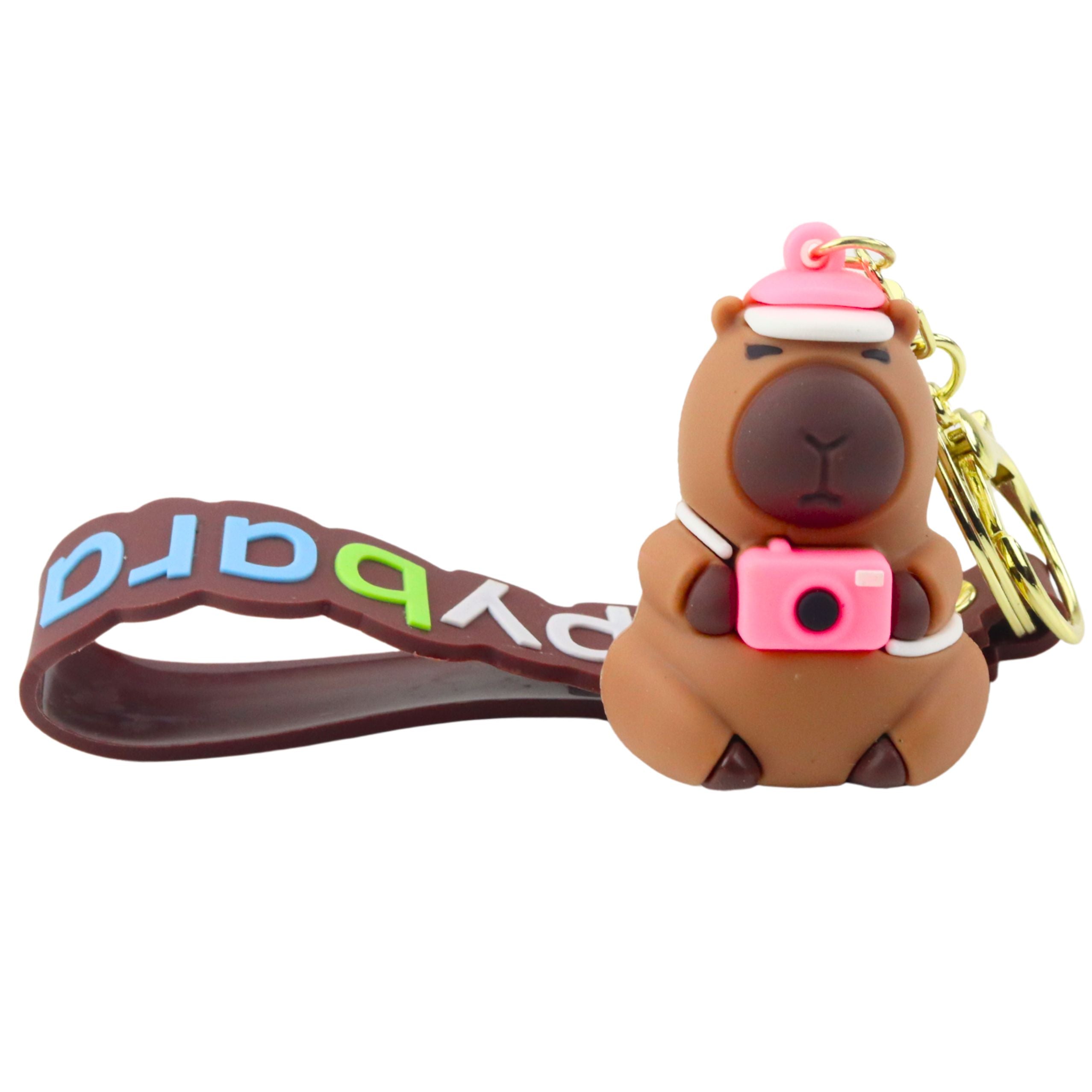 Keychain Capybara Figurine With Camera And Hat Pendant Carabiner Ring
