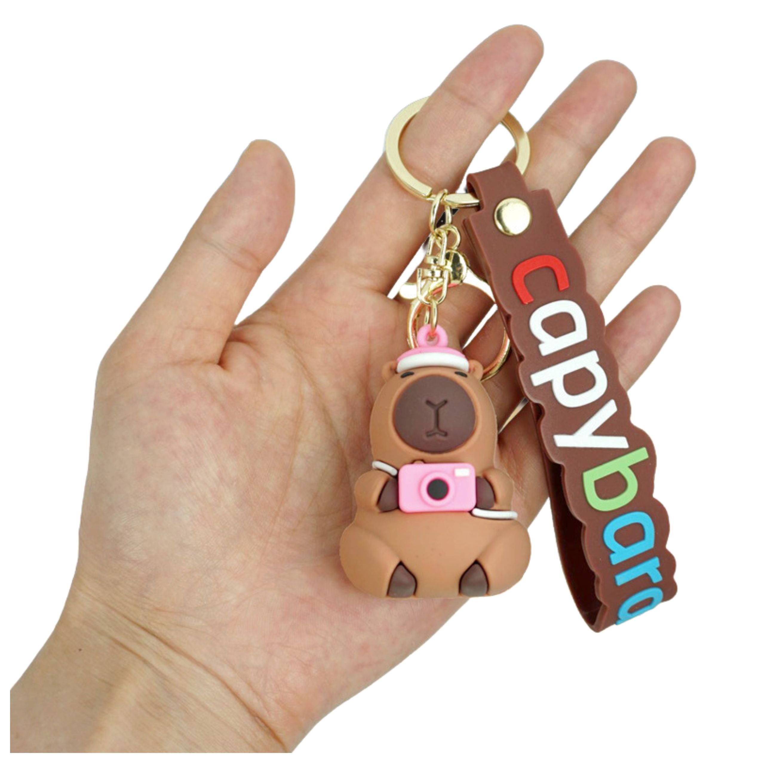 Keychain Capybara Figurine With Camera And Hat Pendant Carabiner Ring