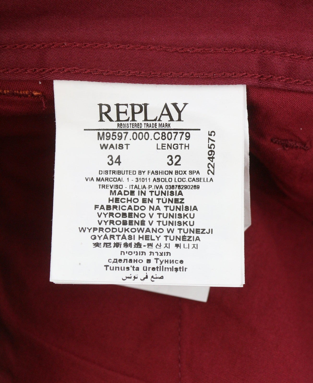 Replay Tom M9597 Мъжки панталон, тъмно червен, стандартен, цип, летящ чинос