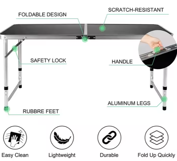 Folding Camping Table Adjustable Aluminum Black 120x60cm