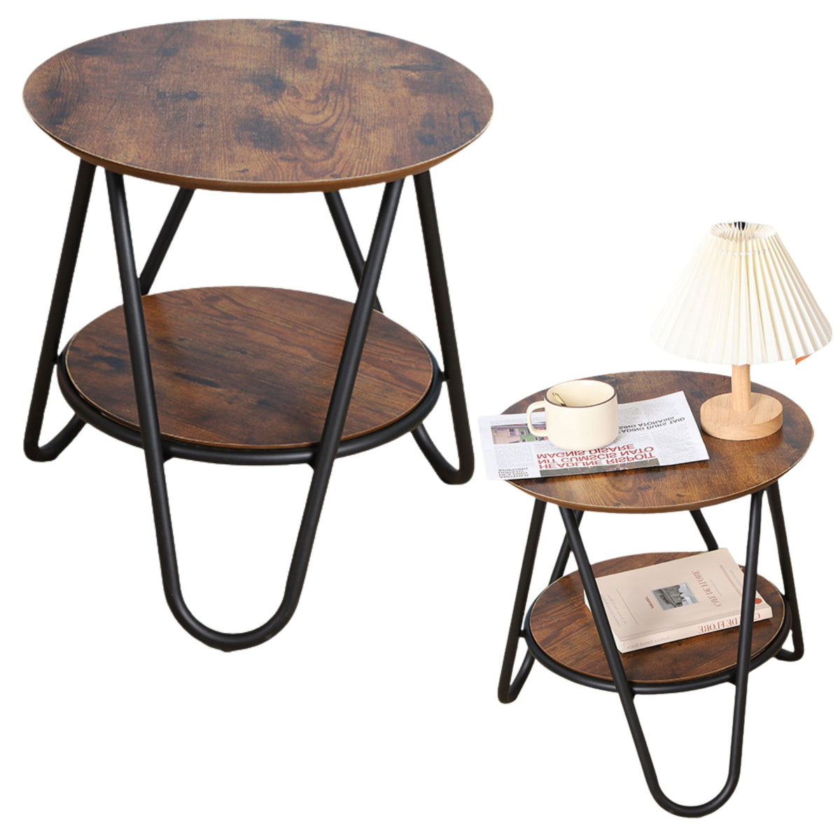 Round Coffee Table With Additional Shelf Industrial Vintage 40x42cm