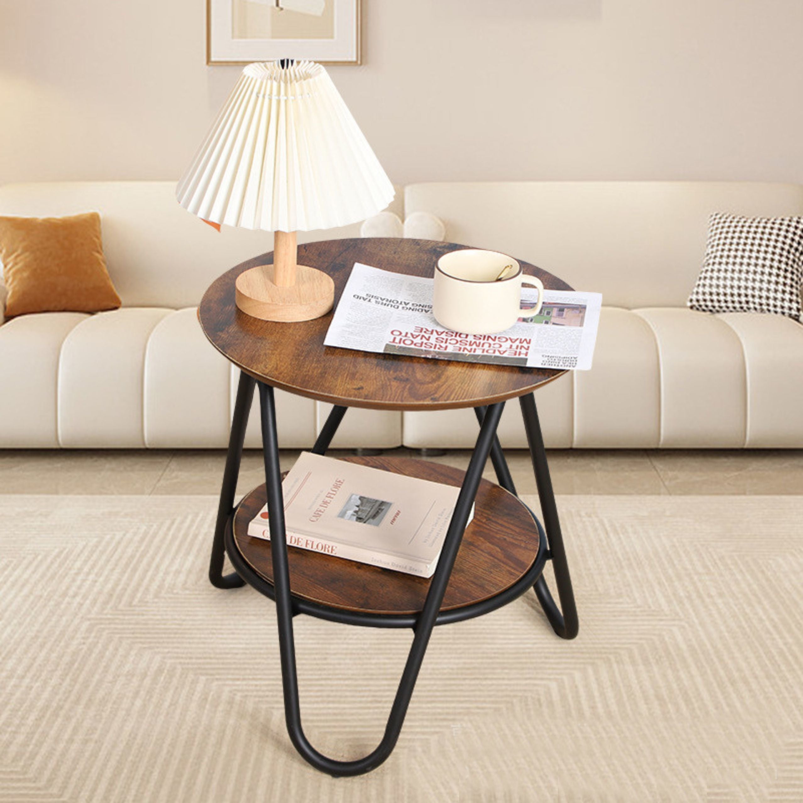 Round Coffee Table With Additional Shelf Industrial Vintage 40x42cm