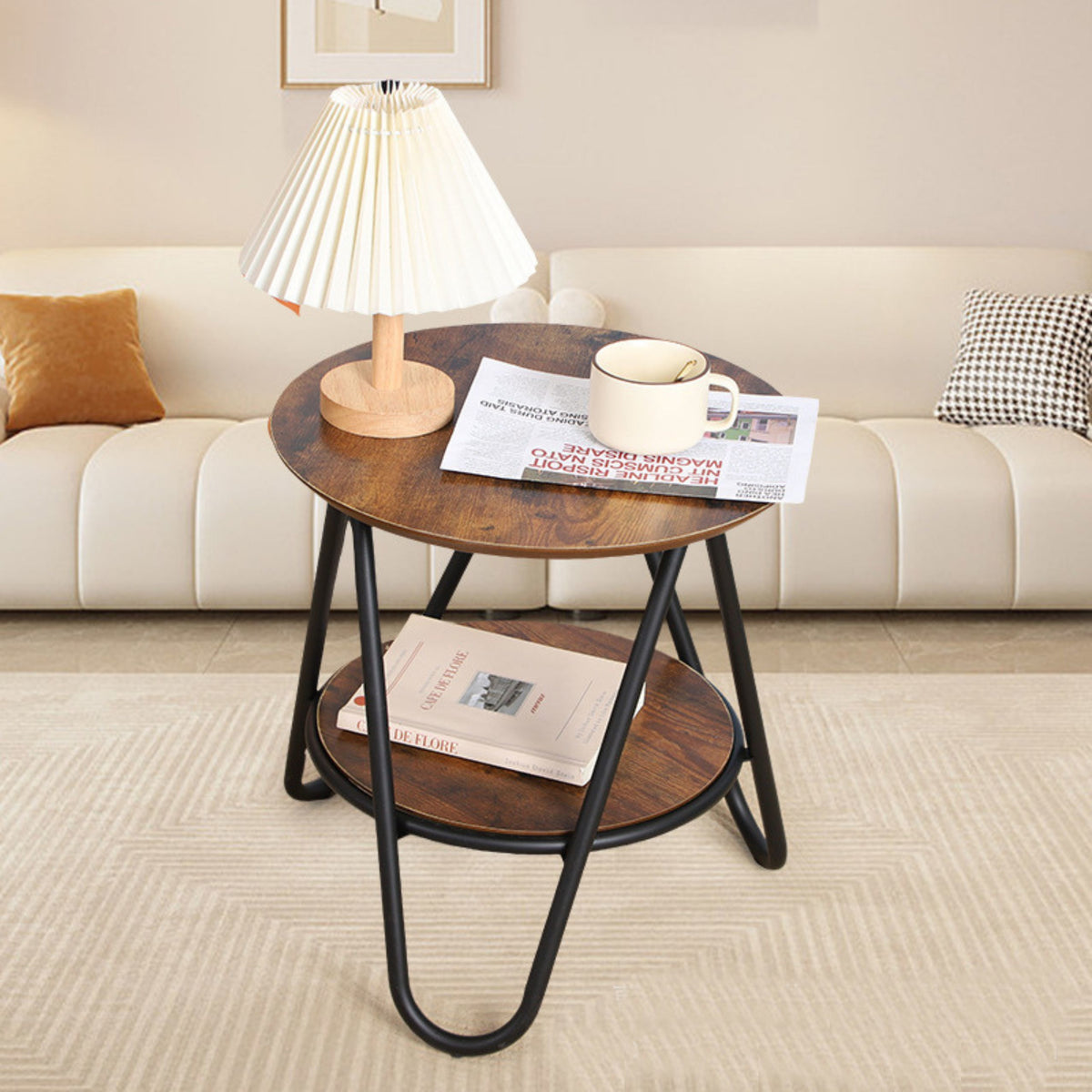 Round Coffee Table With Additional Shelf Industrial Vintage 40x42cm