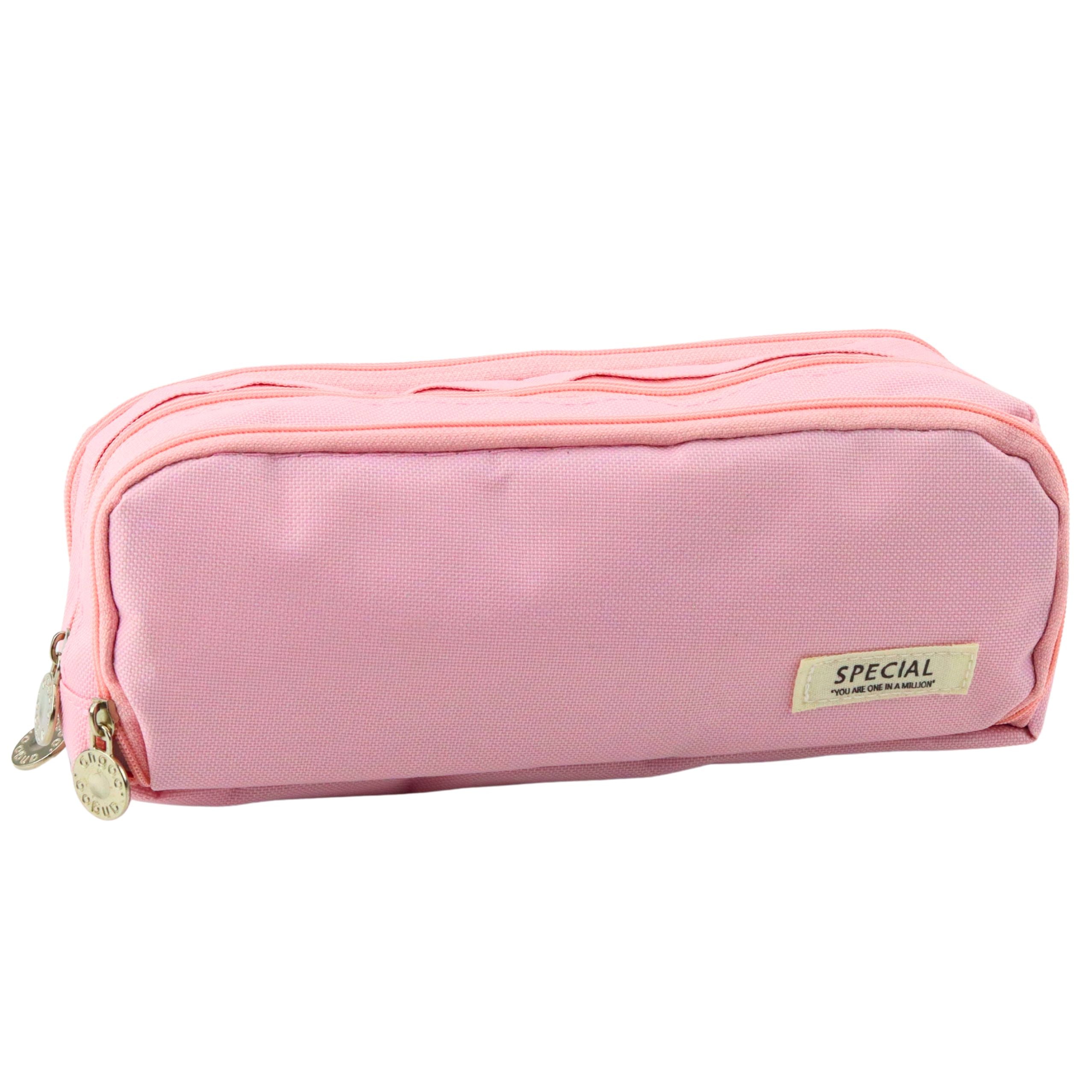 School Pencil Case Two Compartments Front Pocket Pink 23x9 Cm