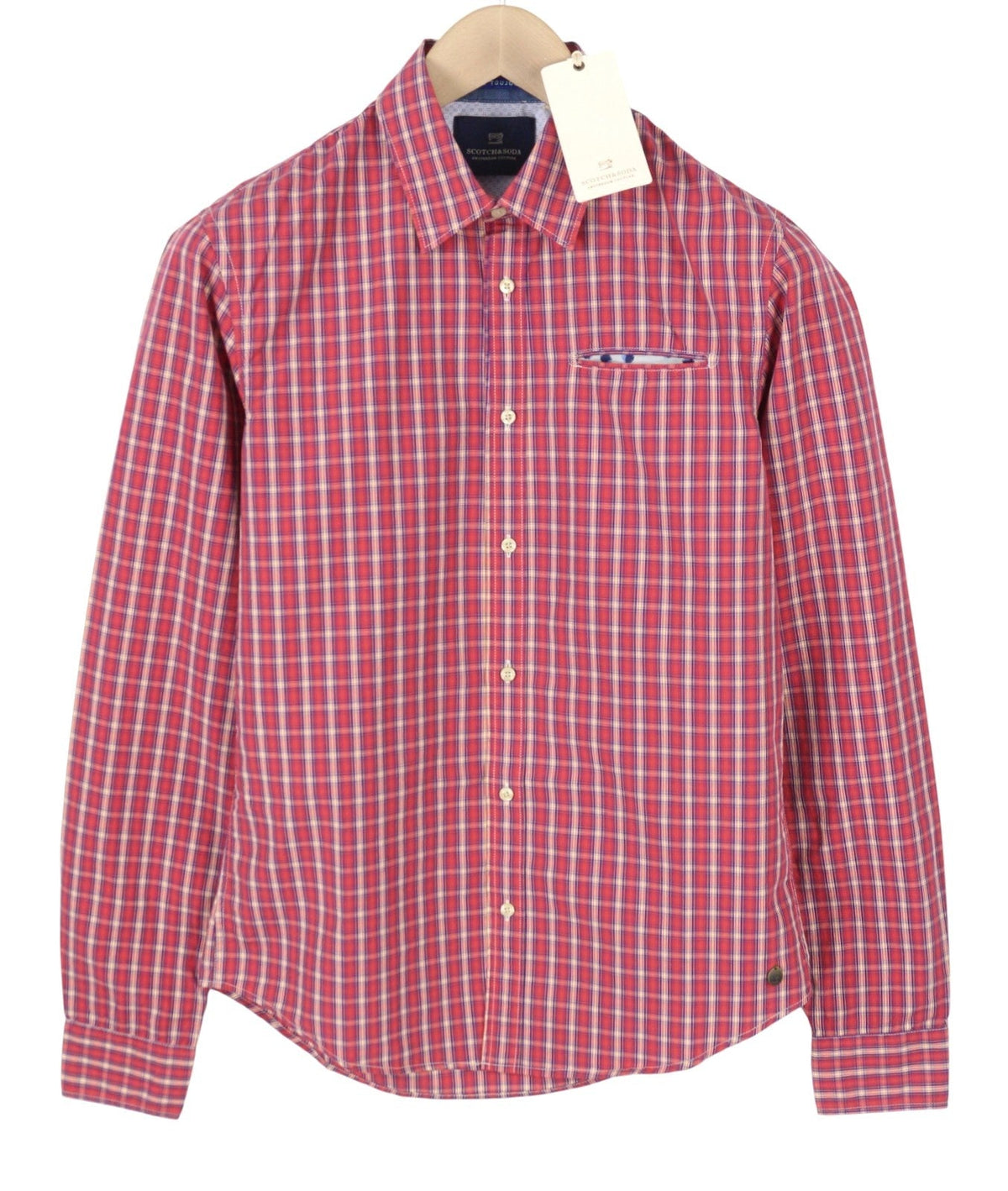 Scotch & Soda Chemise décontractée à carreaux rouges pour hommes, boutonnée, col écarté