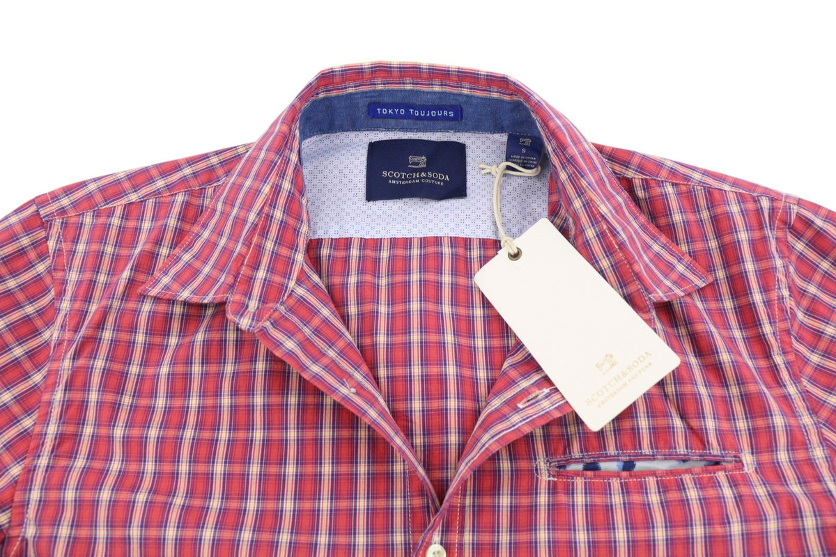 Scotch & Soda Chemise décontractée à carreaux rouges pour hommes, boutonnée, col écarté