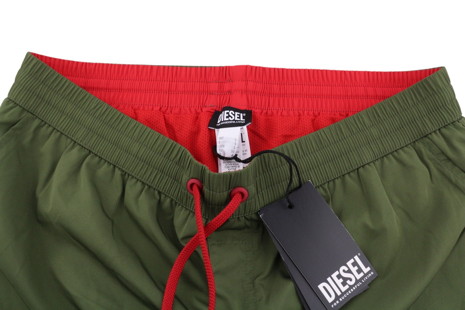 Diesel Bmbx-mike-patch Men Swimwearkhaki Green Mesh Inside Drawstring Waist