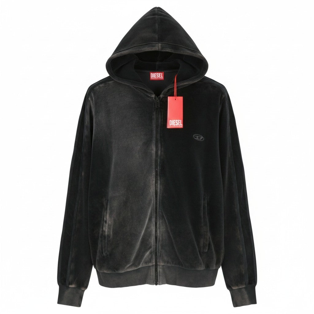 Diesel S-oclock Men Hoodieblack Acid Wash Chenille Zip Up Rrp325
