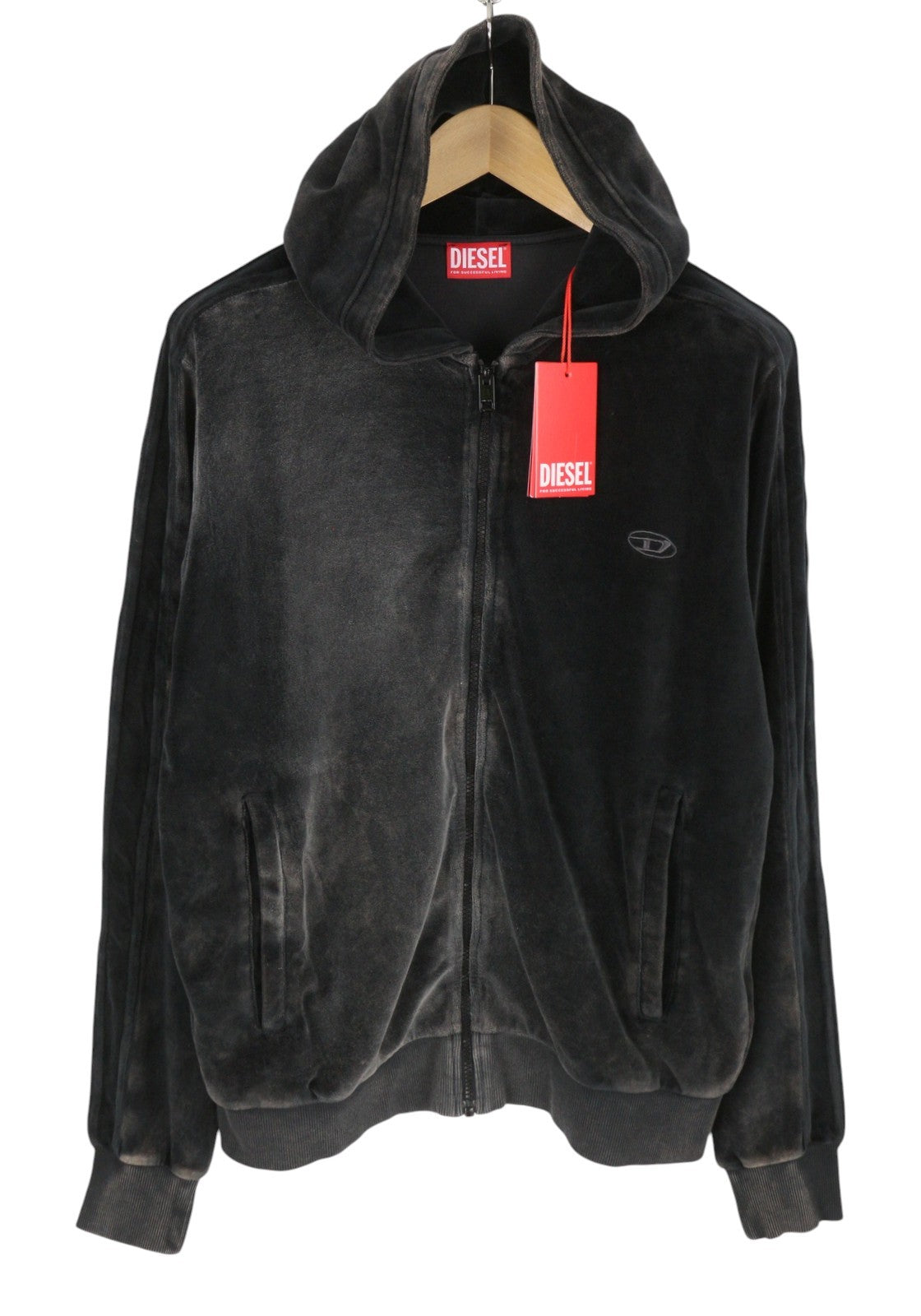 Diesel S-oclock Men Hoodieblack Acid Wash Chenille Zip Up Rrp325