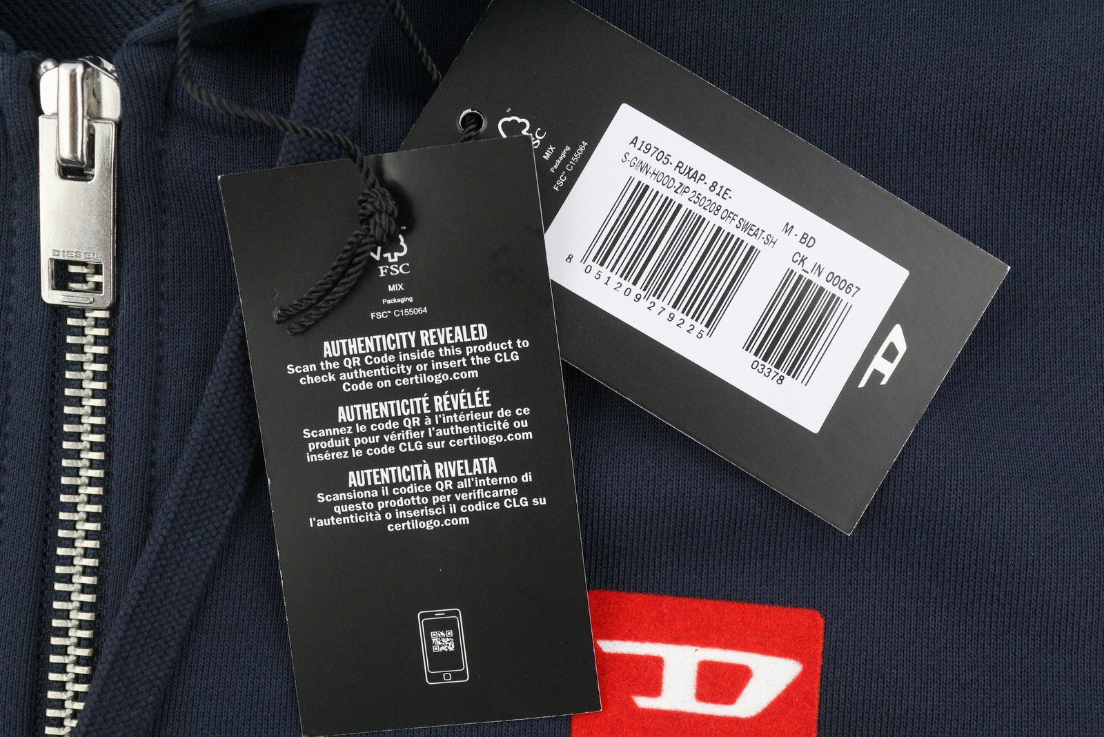 Diesel S-ginn-hood-zip 250209 Off Men Hoodiedark Blue Cotton Full Zip Rrp175