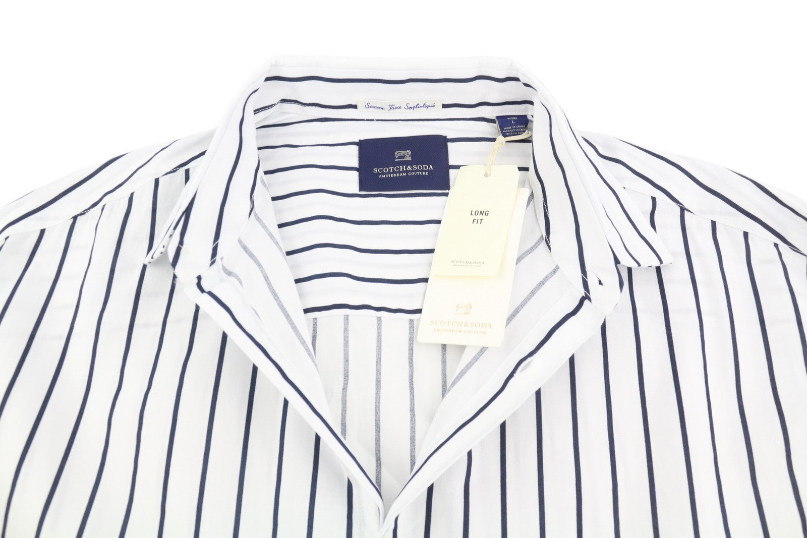 Koszula męska Scotch & Soda, biała, w prążki, o długim kroju, zapinana na guziki, z szerokim dekoltem