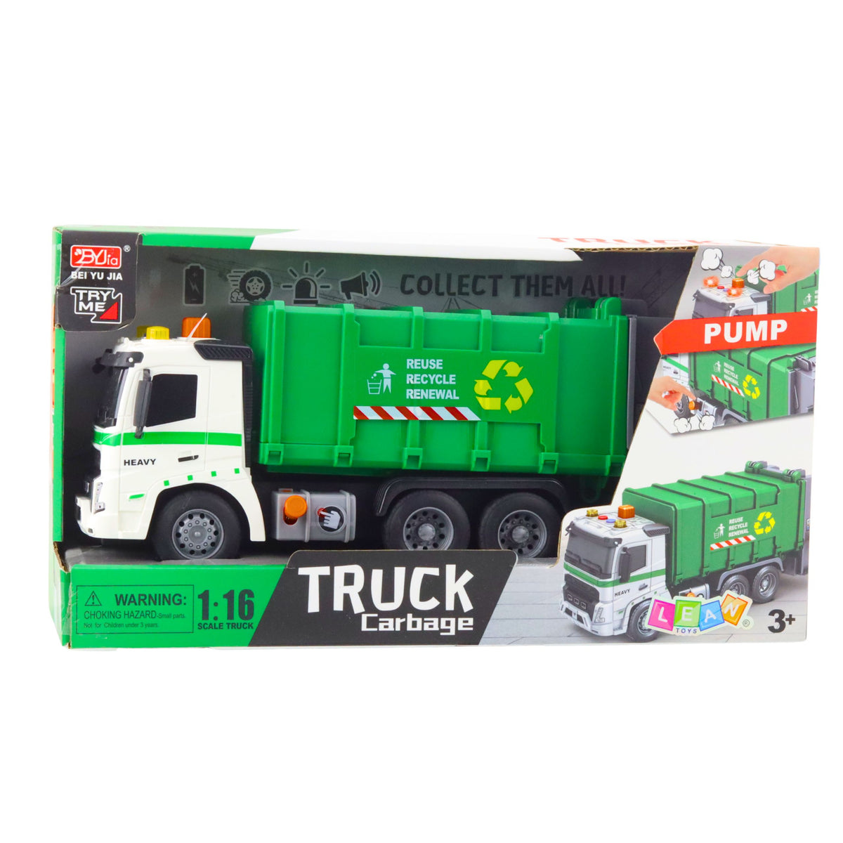 Garbage Truck Garbage Can Lights Sounds Green 1:16