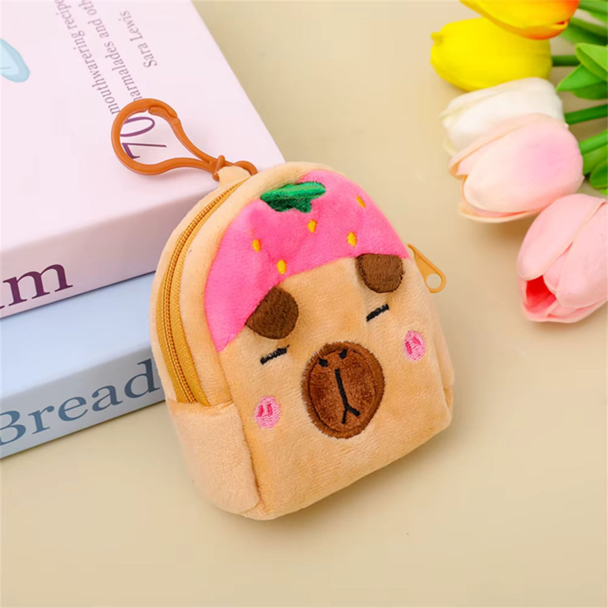 Plush Wallet With Keychain Capybara Strawberry Pink 9.5 X 8 Cm